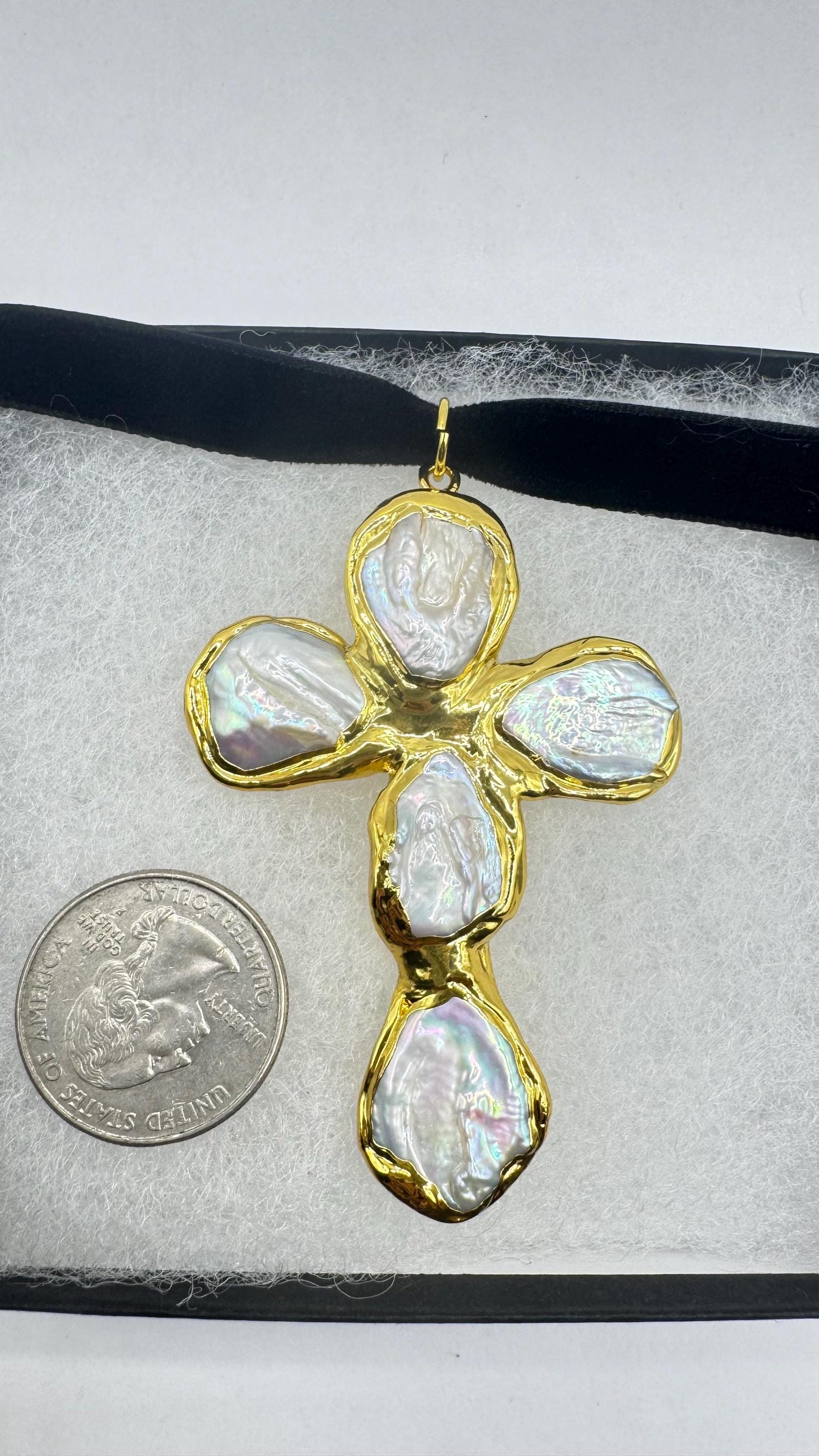 Vintage Pearl Cross Black Velvet Choker Gold Filled Pendant