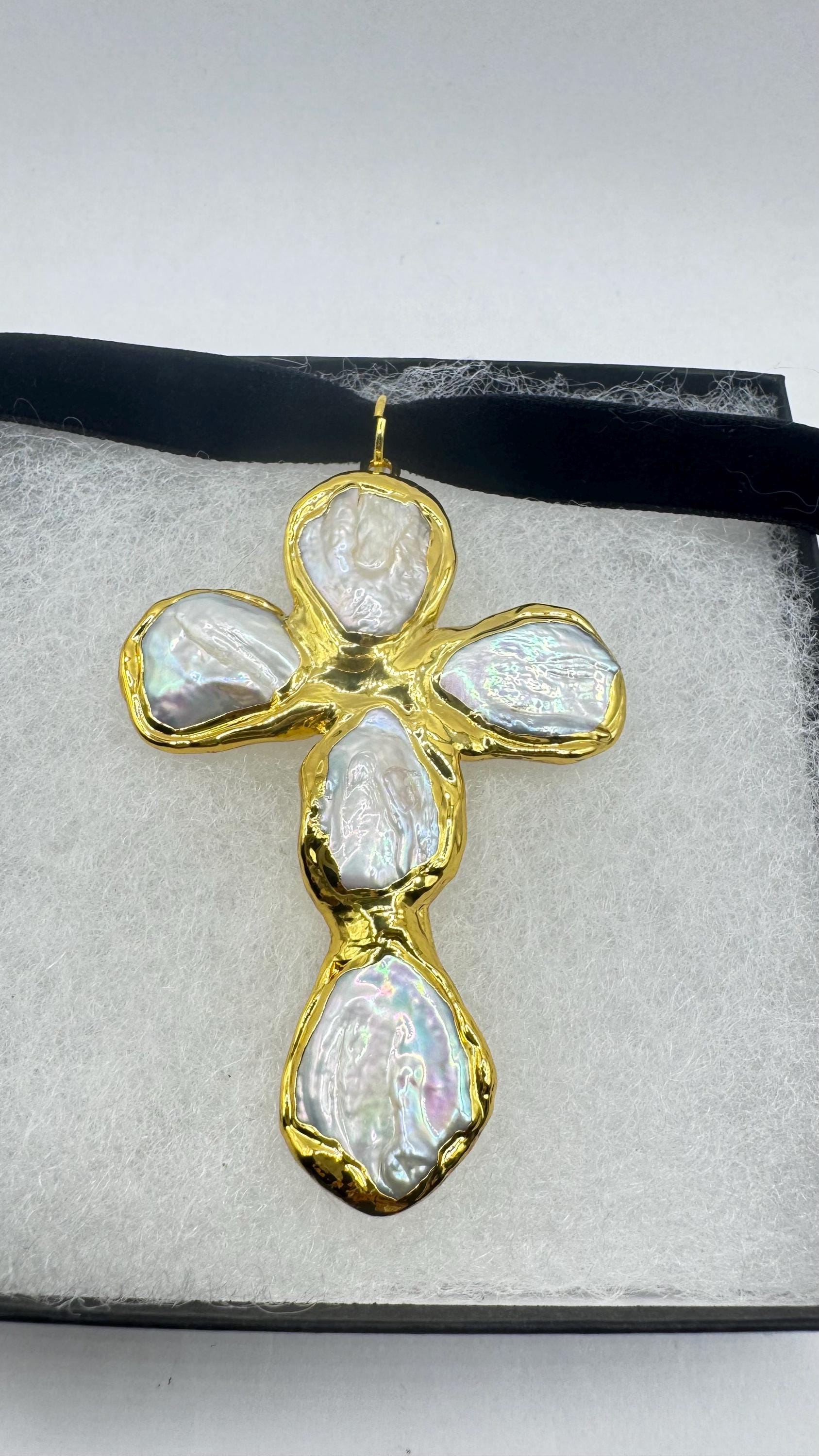 Vintage Pearl Cross Black Velvet Choker Gold Filled Pendant