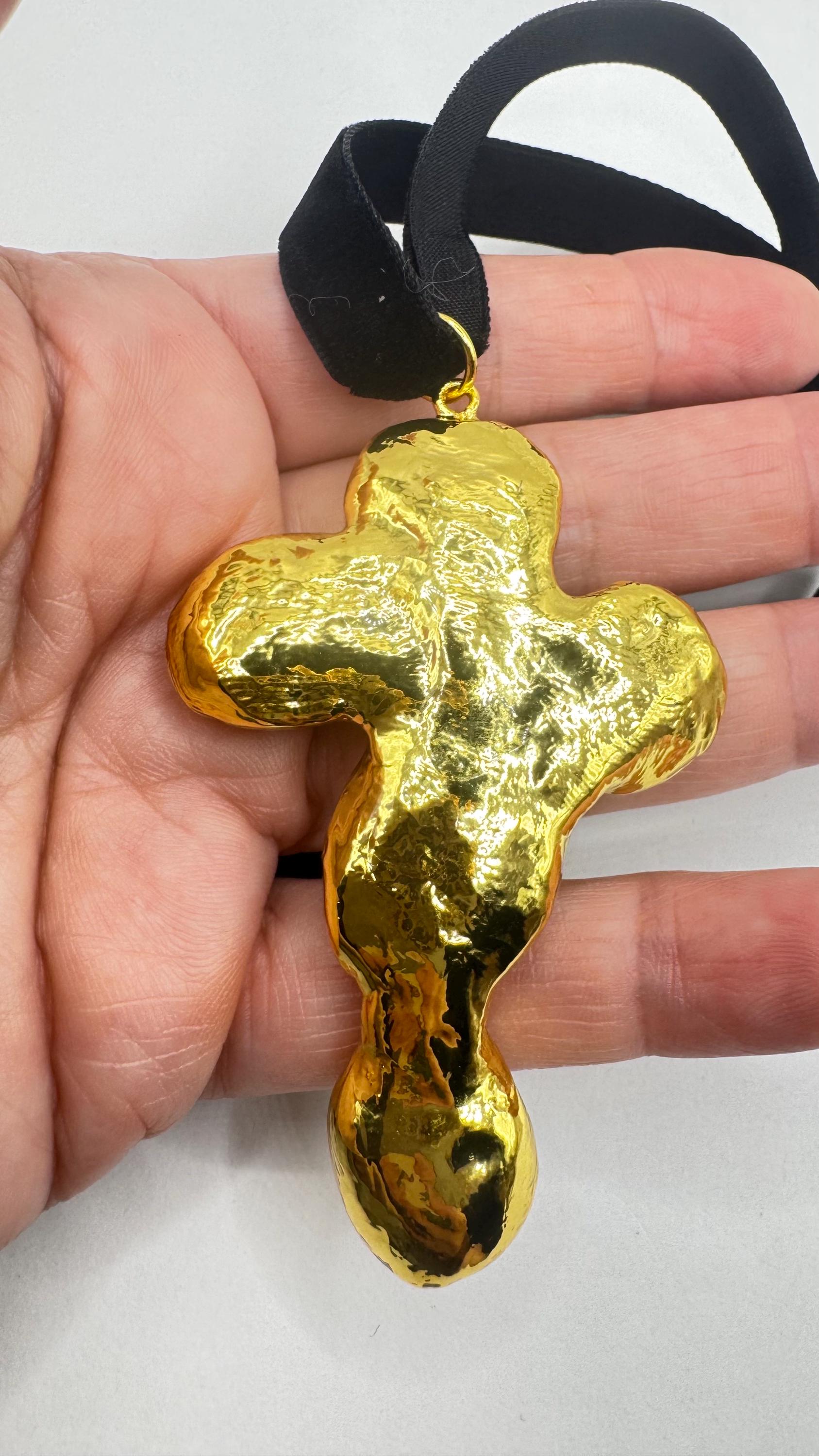 Vintage Pearl Cross Black Velvet Choker Gold Filled Pendant