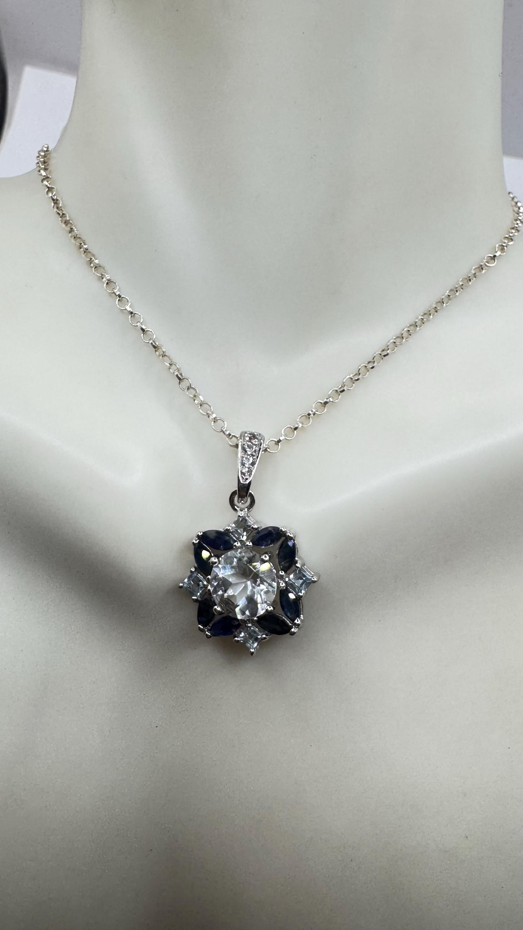 Vintage Aquamarine Blue Sapphire 925 Sterling Silver Pendant Necklace