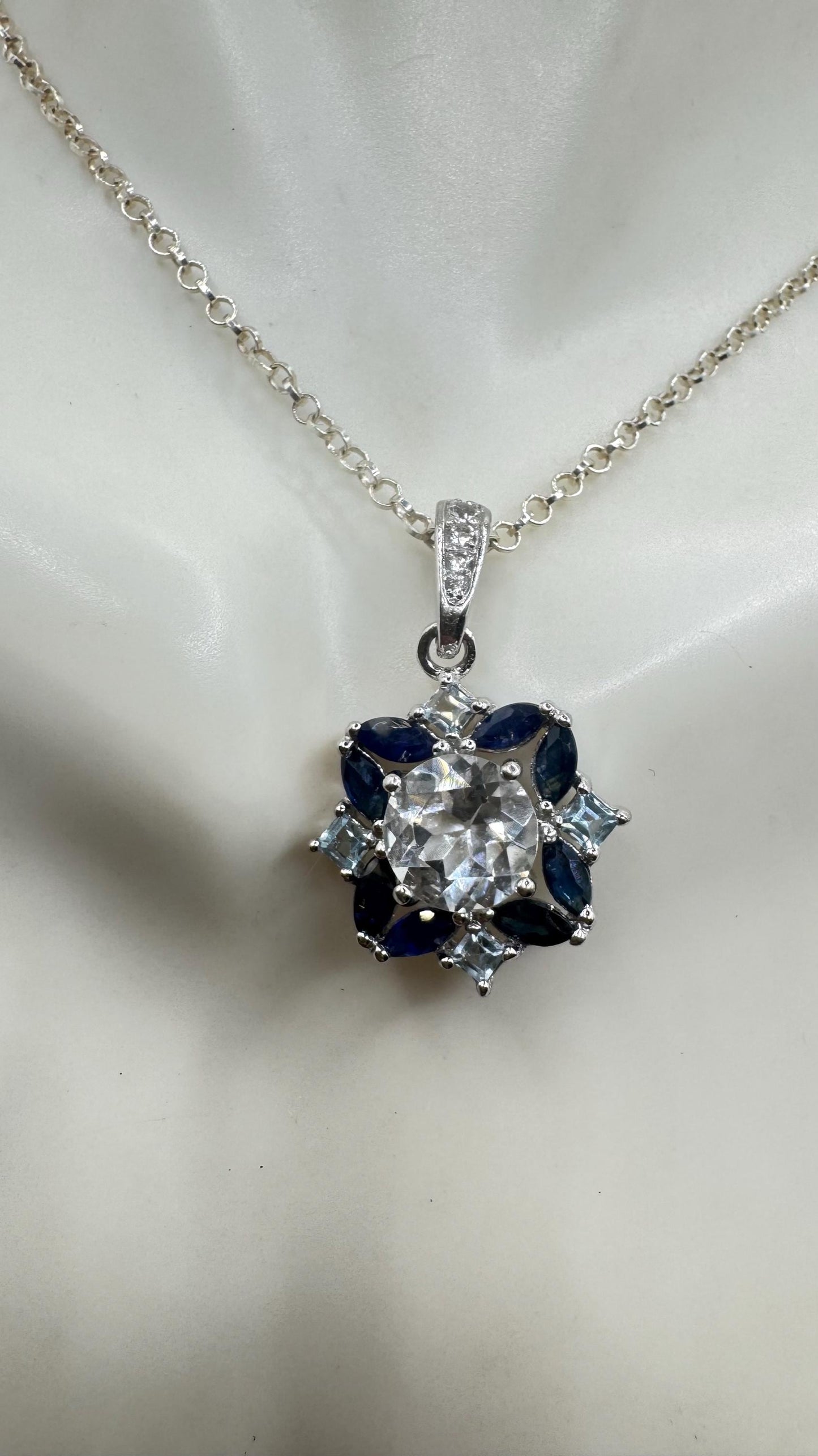 Vintage Aquamarine Blue Sapphire 925 Sterling Silver Pendant Necklace