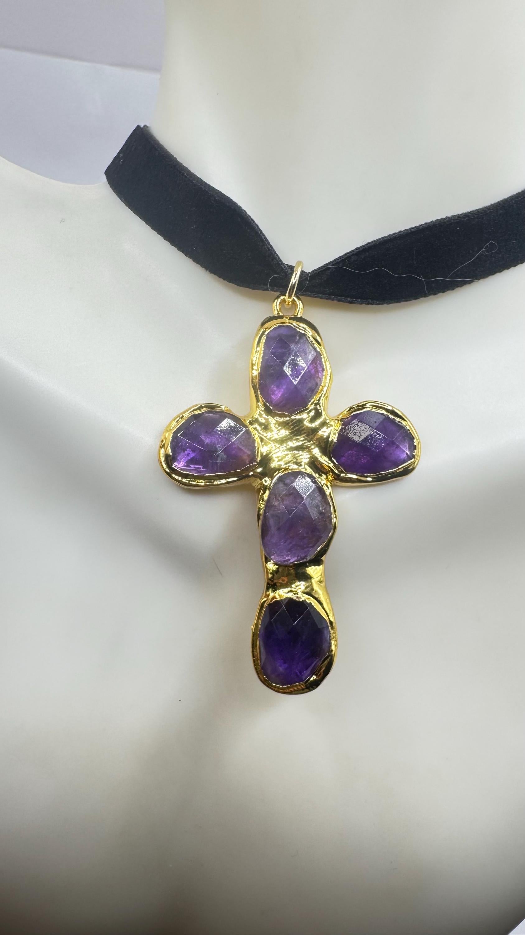 Bohemian Cut Deep Purple Genuine Amethyst Cross Choker Necklace