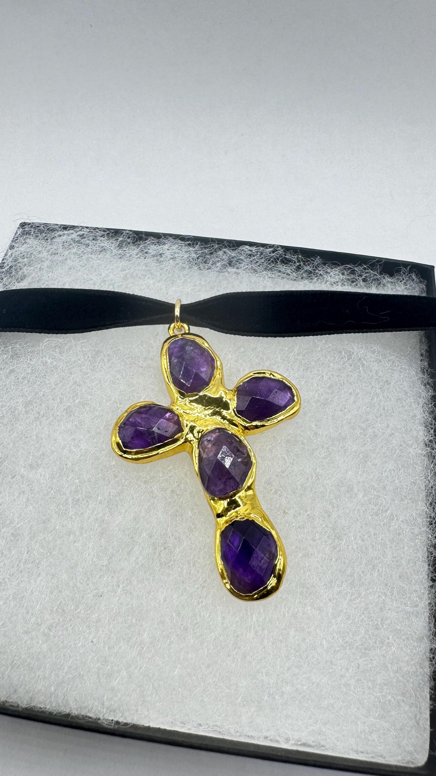 Bohemian Cut Deep Purple Genuine Amethyst Cross Choker Necklace