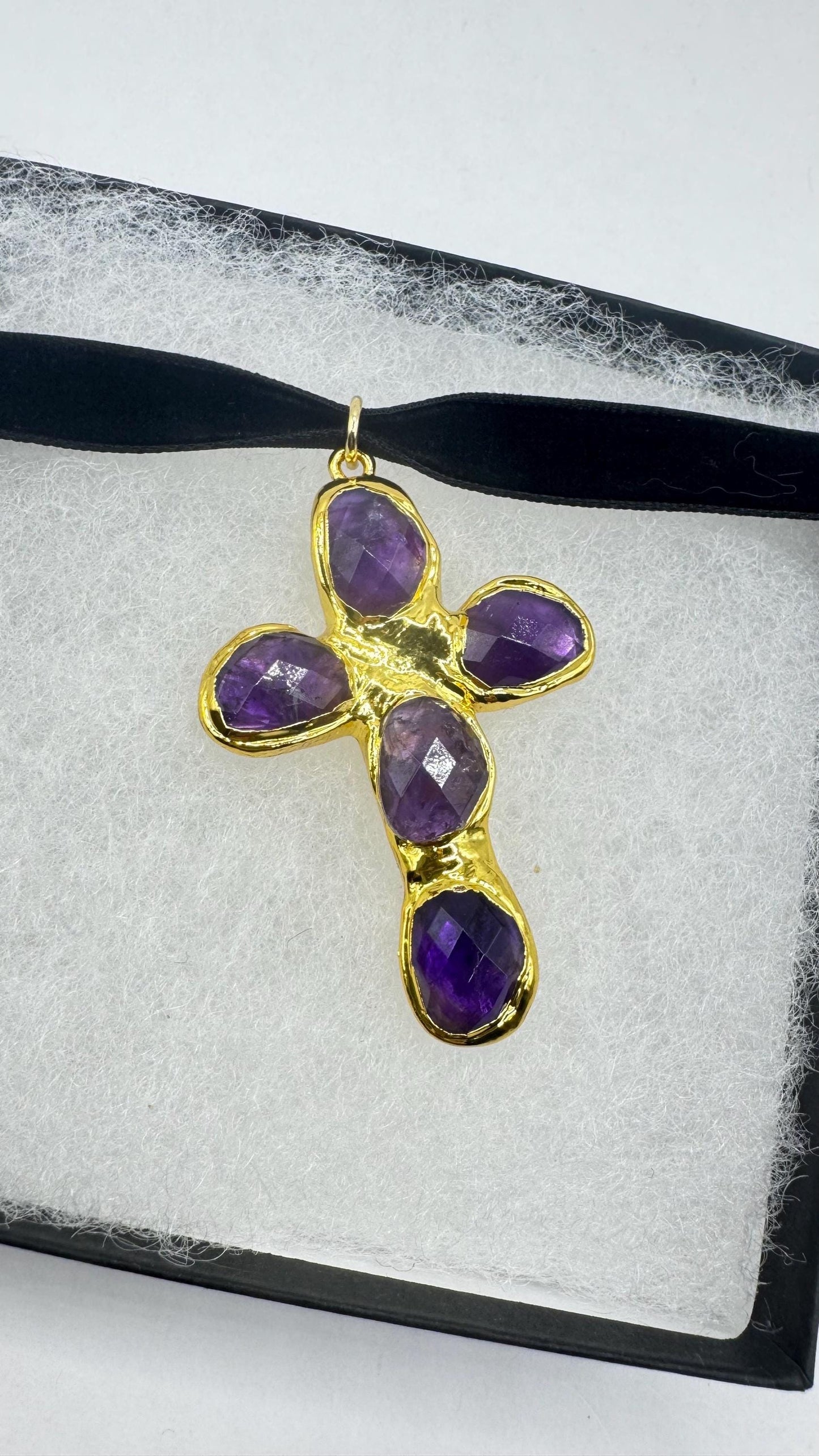 Bohemian Cut Deep Purple Genuine Amethyst Cross Choker Necklace