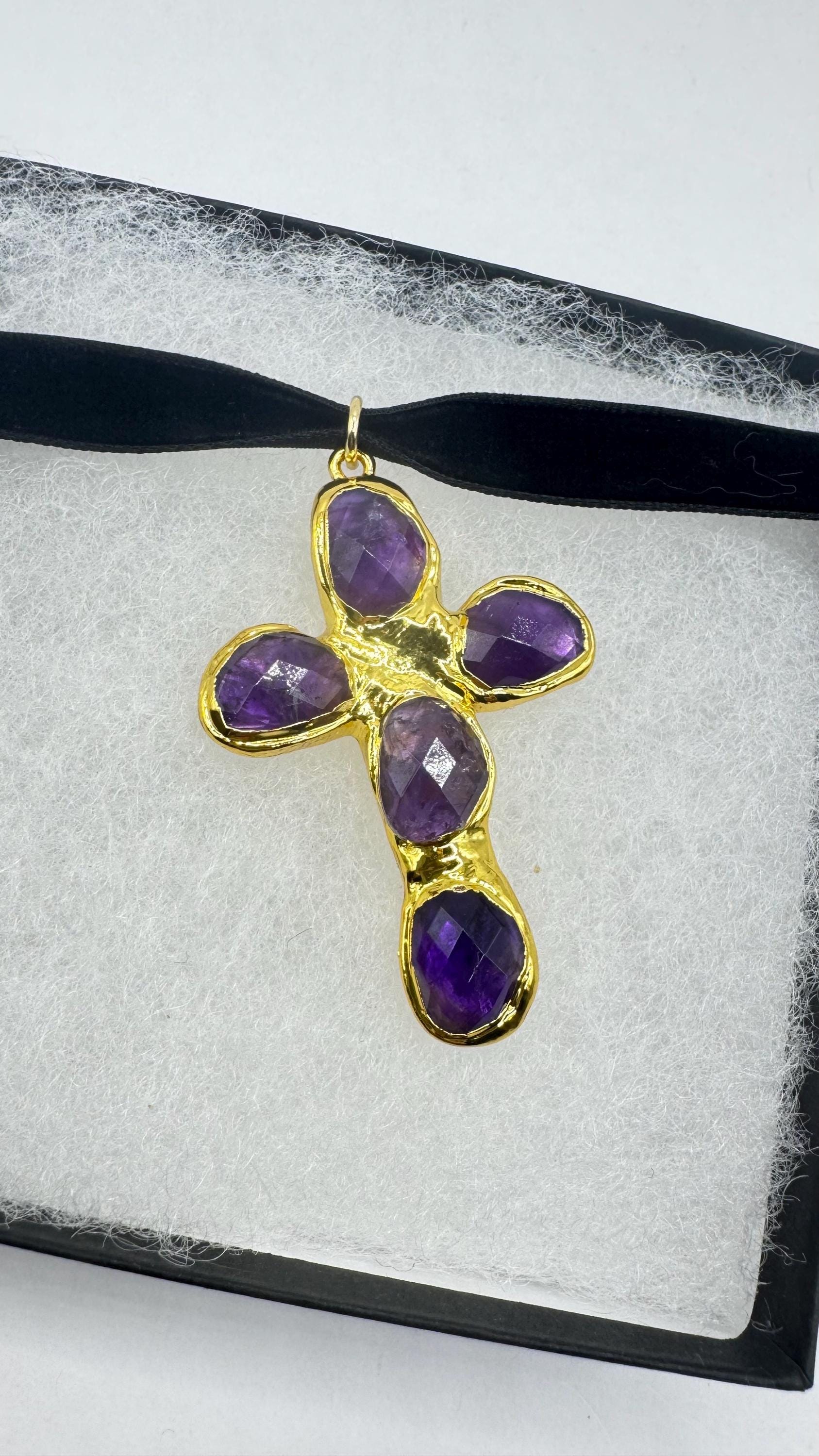 Bohemian Cut Deep Purple Genuine Amethyst Cross Choker Necklace