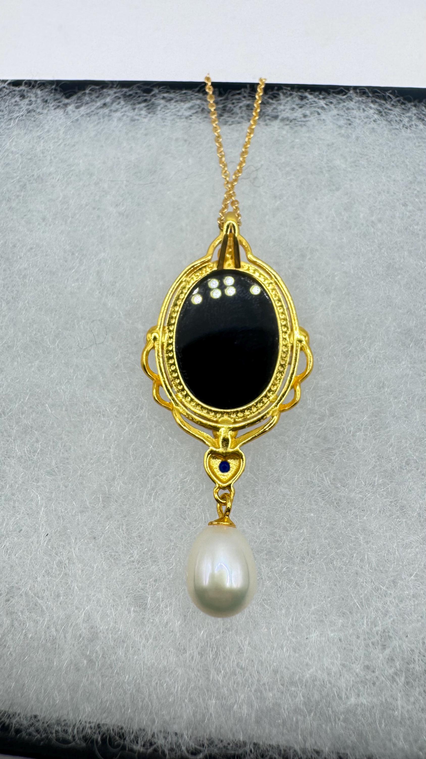 Vintage Genuine Pearl Black Onyx Cameo Gold Sterling Silver Necklace Choker