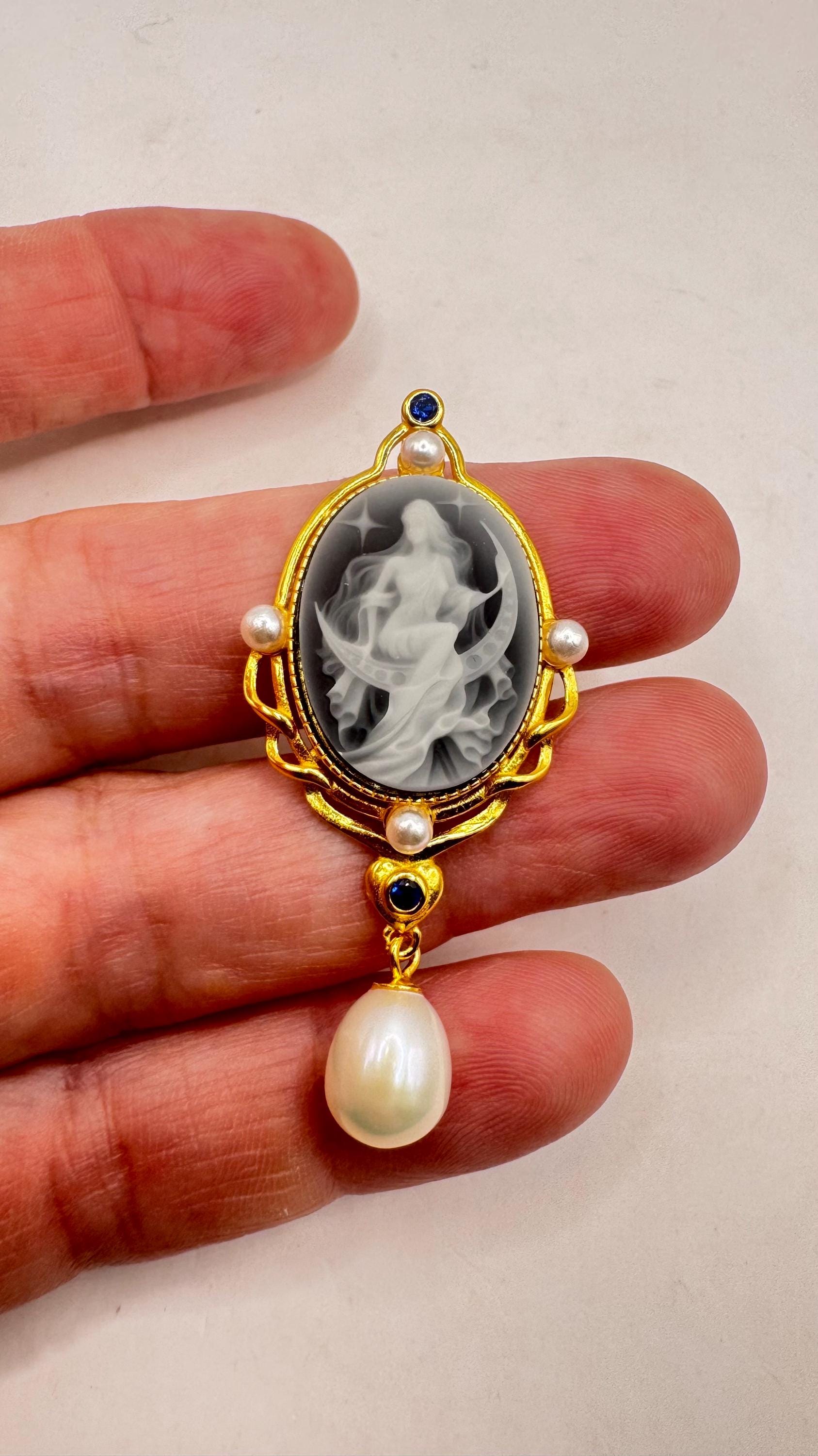 Vintage Genuine Pearl Black Onyx Cameo Gold Sterling Silver Necklace Choker