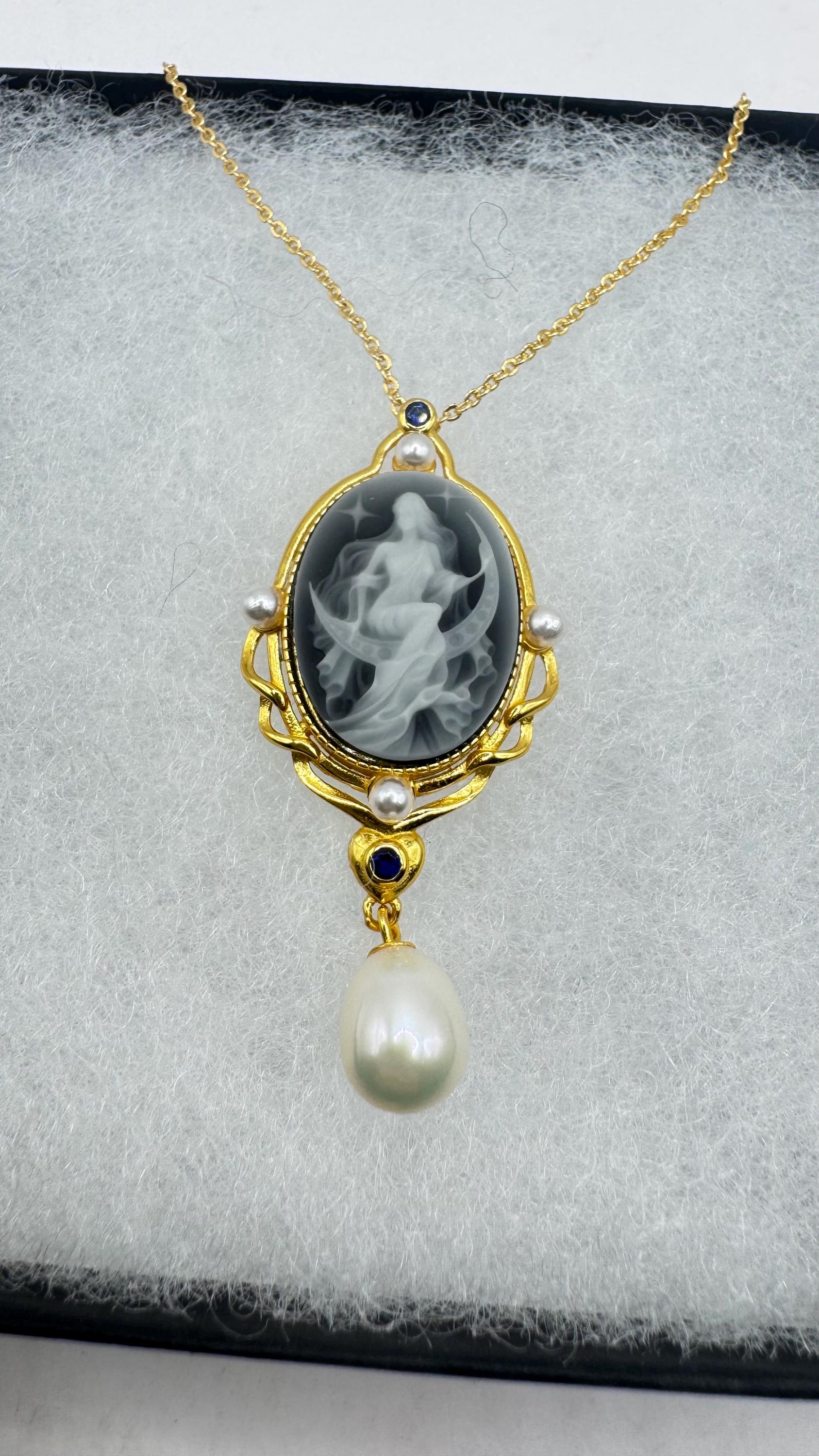 Vintage Genuine Pearl Black Onyx Cameo Gold Sterling Silver Necklace Choker