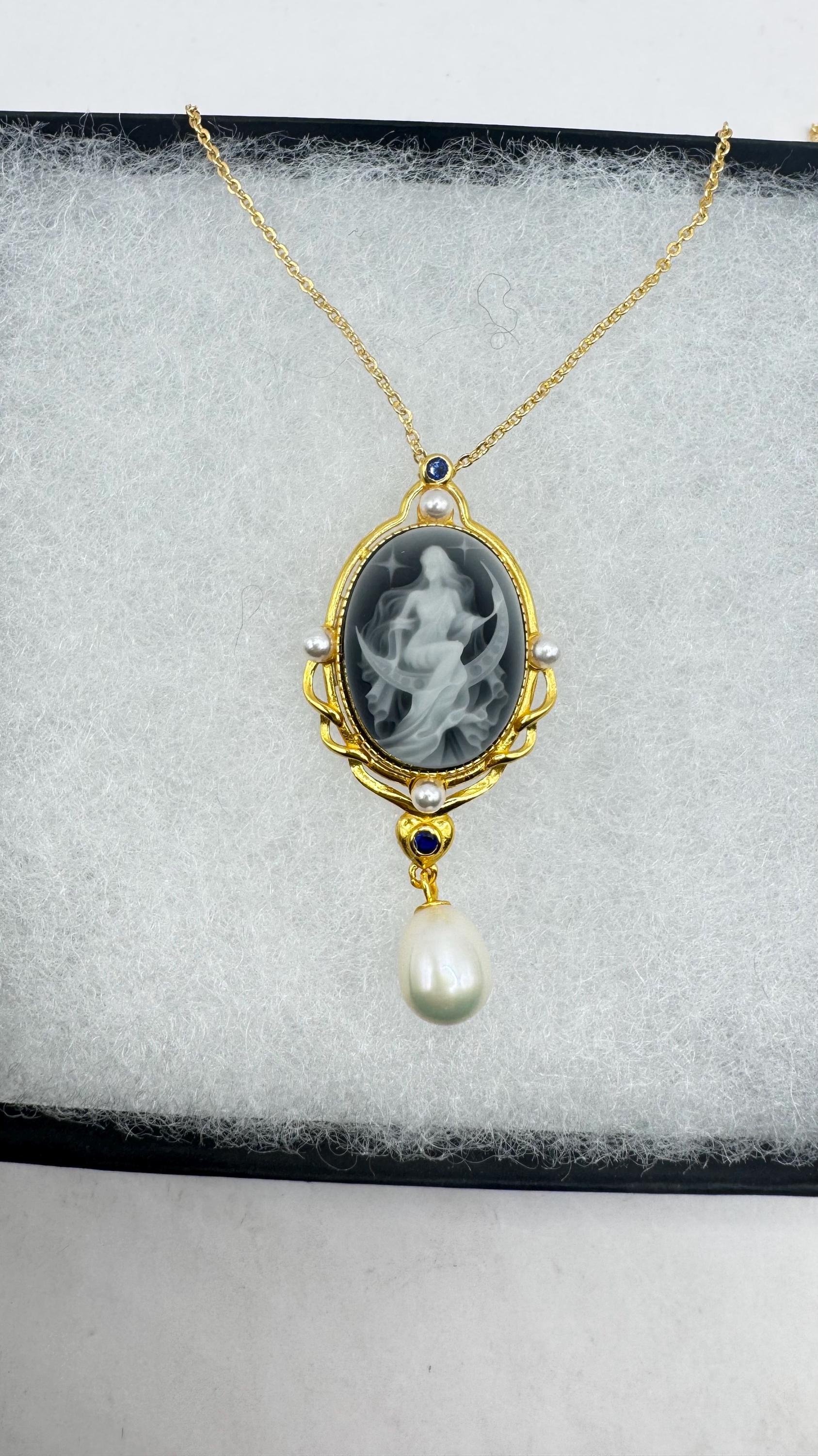 Vintage Genuine Pearl Black Onyx Cameo Gold Sterling Silver Necklace Choker