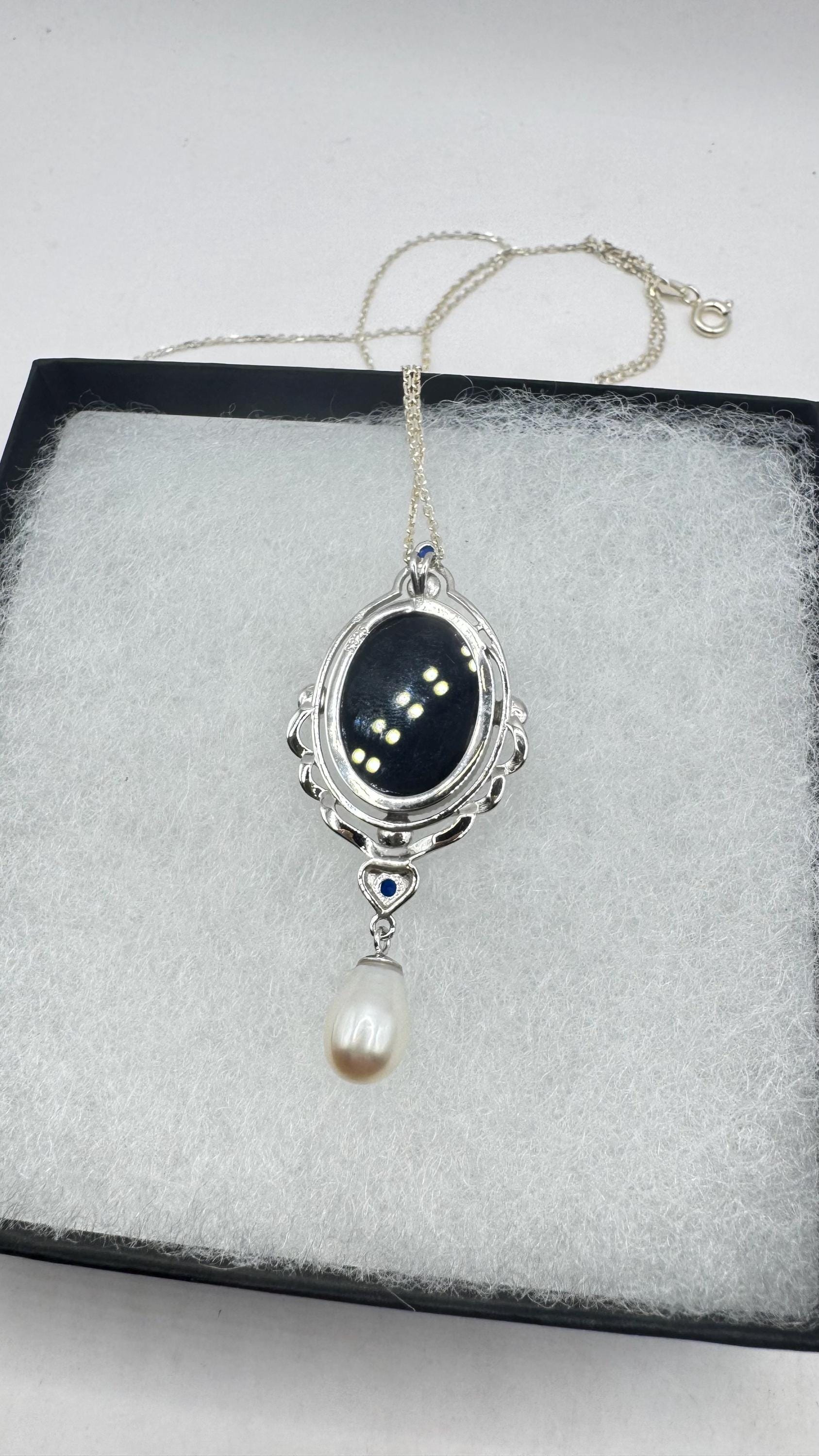 Vintage Genuine Pearl Black Onyx Cameo Sterling Silver Necklace Choker