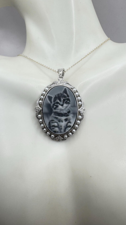 Vintage Genuine Pearl Black Onyx Cameo Sterling Silver Necklace Choker