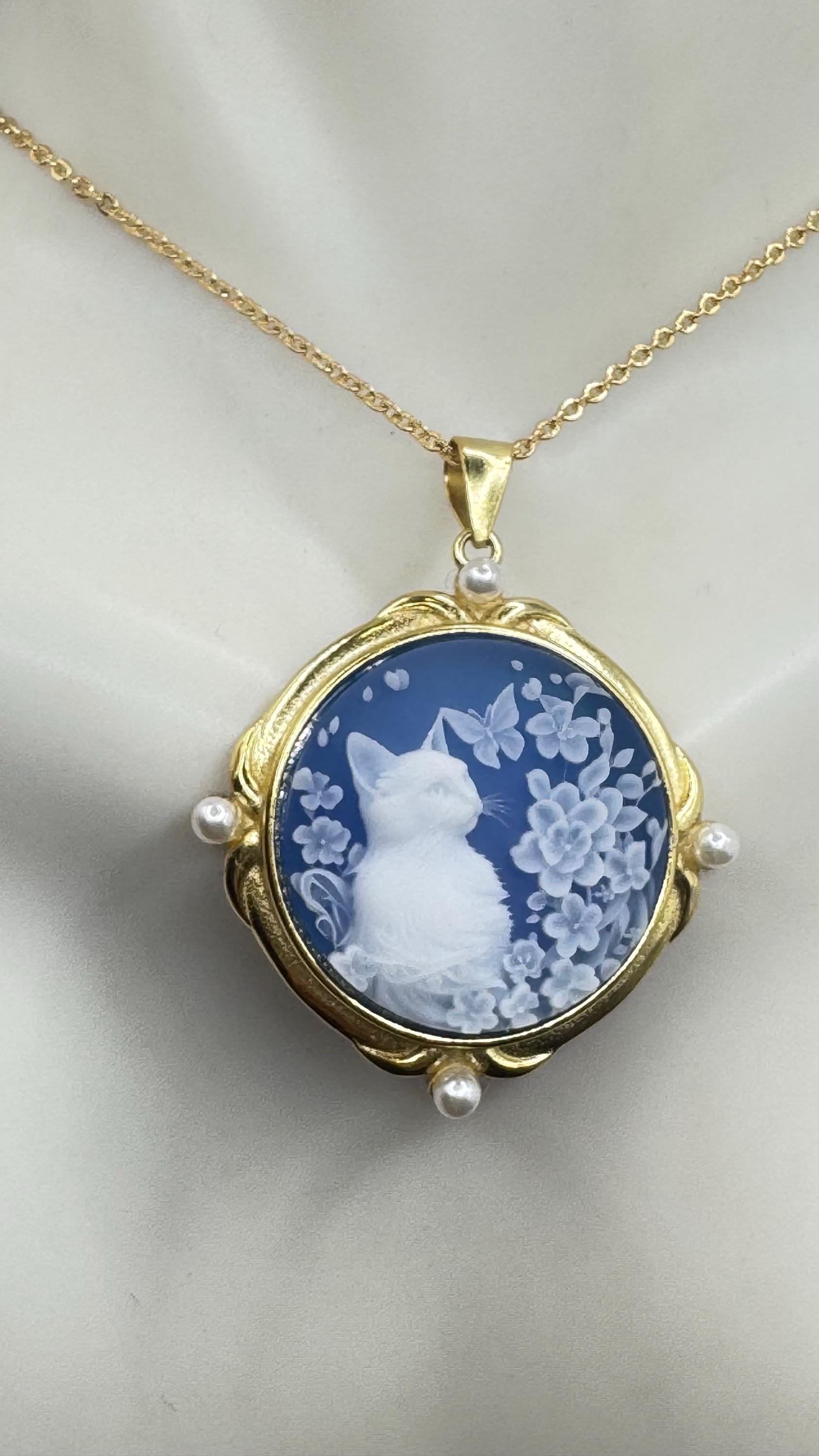 Vintage Genuine Blue Onyx Cameo Cat 925 Sterling Silver Necklace Choker