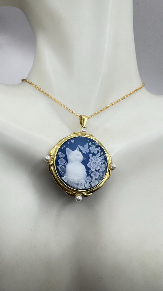 Vintage Genuine Blue Onyx Cameo Cat 925 Sterling Silver Necklace Choker