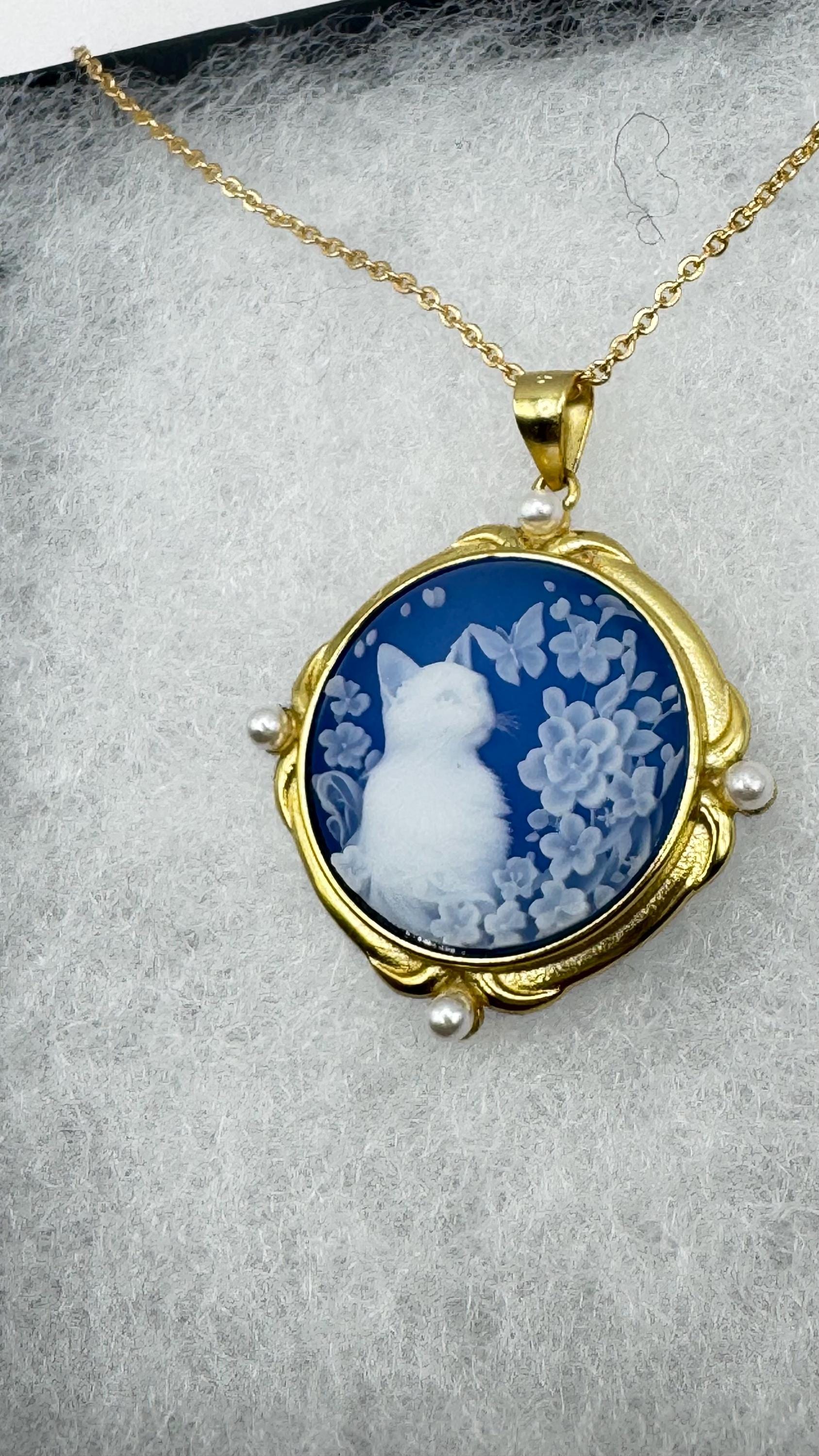 Vintage Genuine Blue Onyx Cameo Cat 925 Sterling Silver Necklace Choker