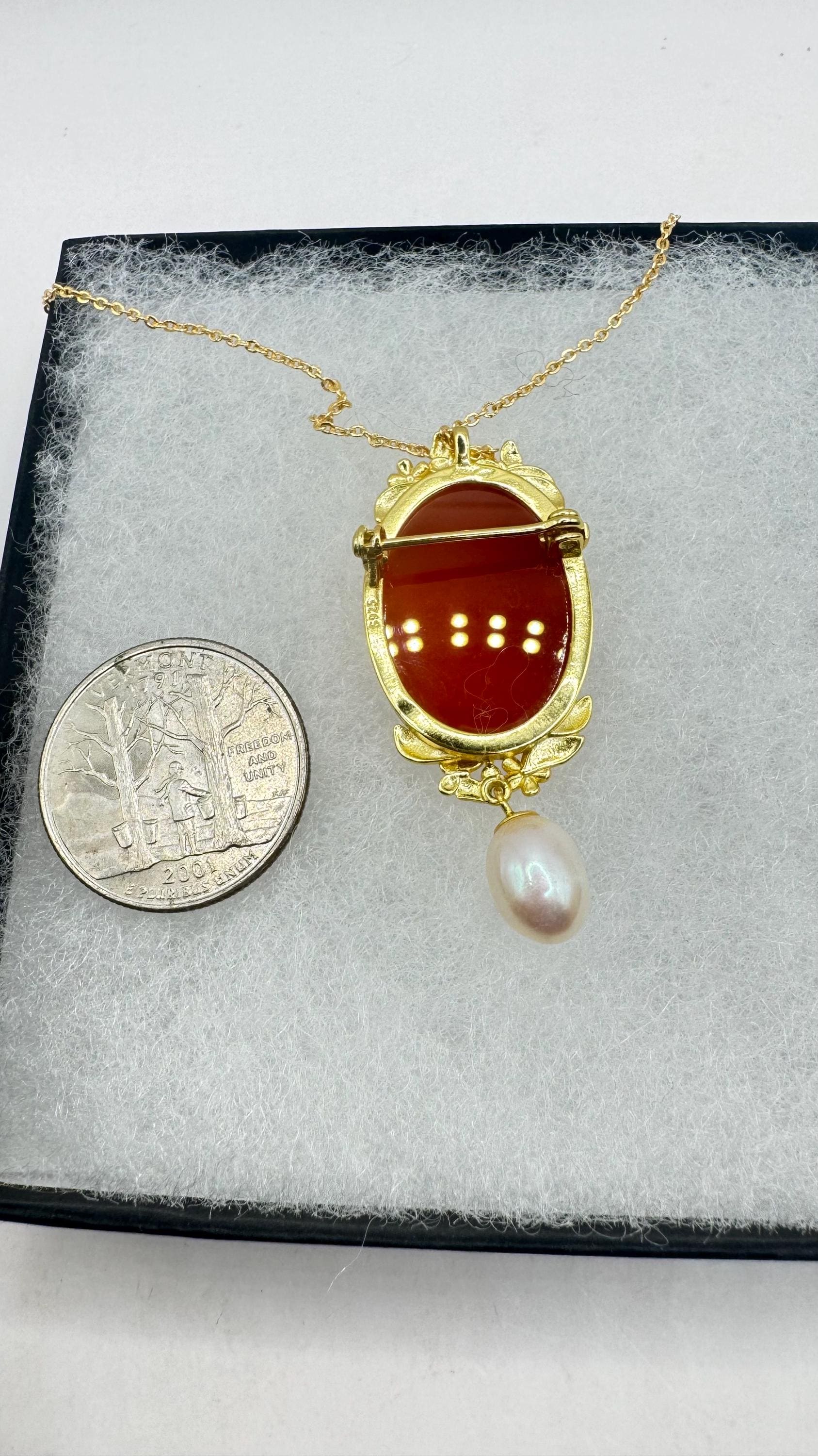 Vintage Carved Cameo Yellow Gold 925 Sterling Silver Necklace Choker pin brooch