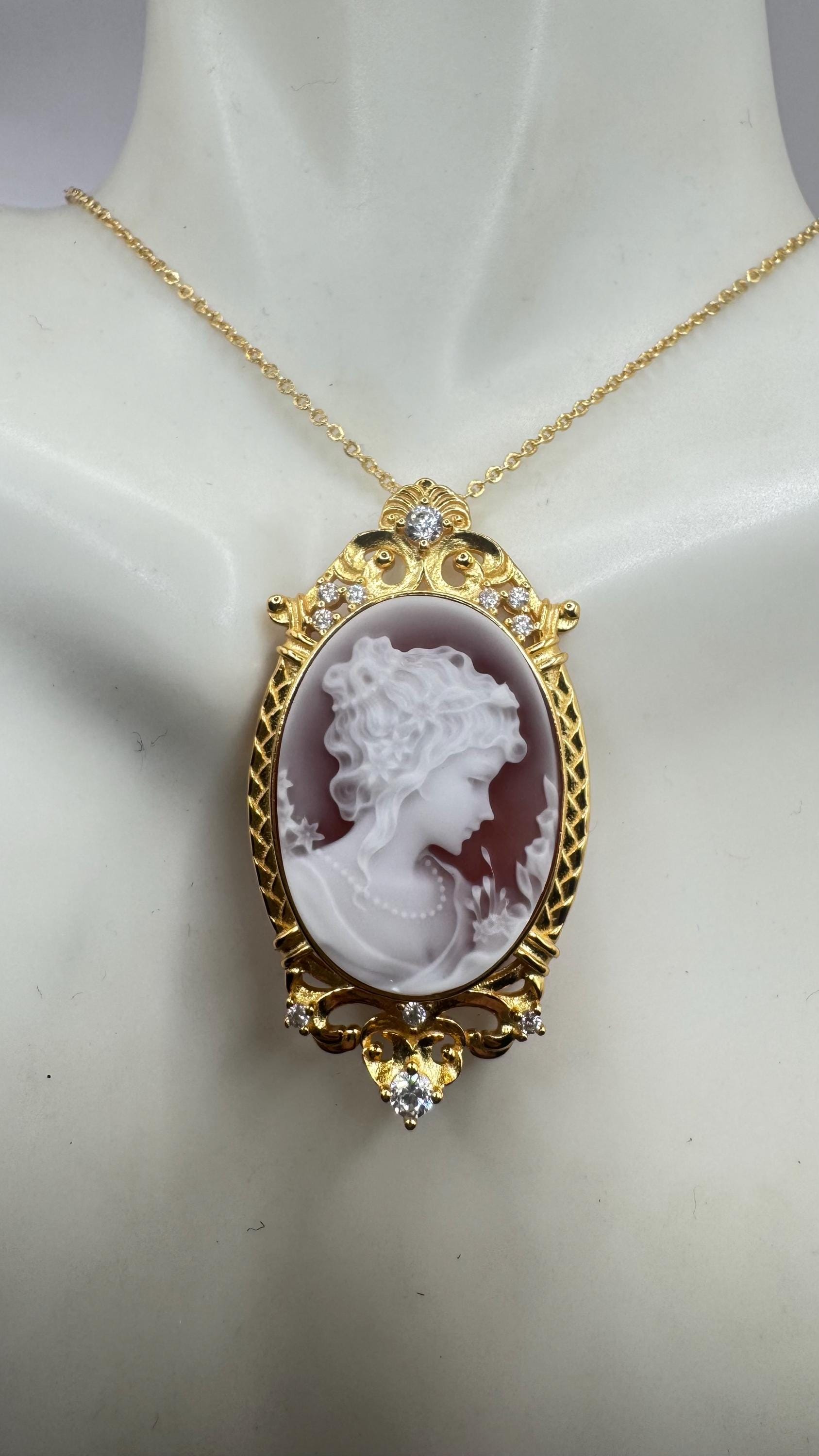 Vintage Carved Cameo Yellow Gold 925 Sterling Silver Necklace Choker pin brooch