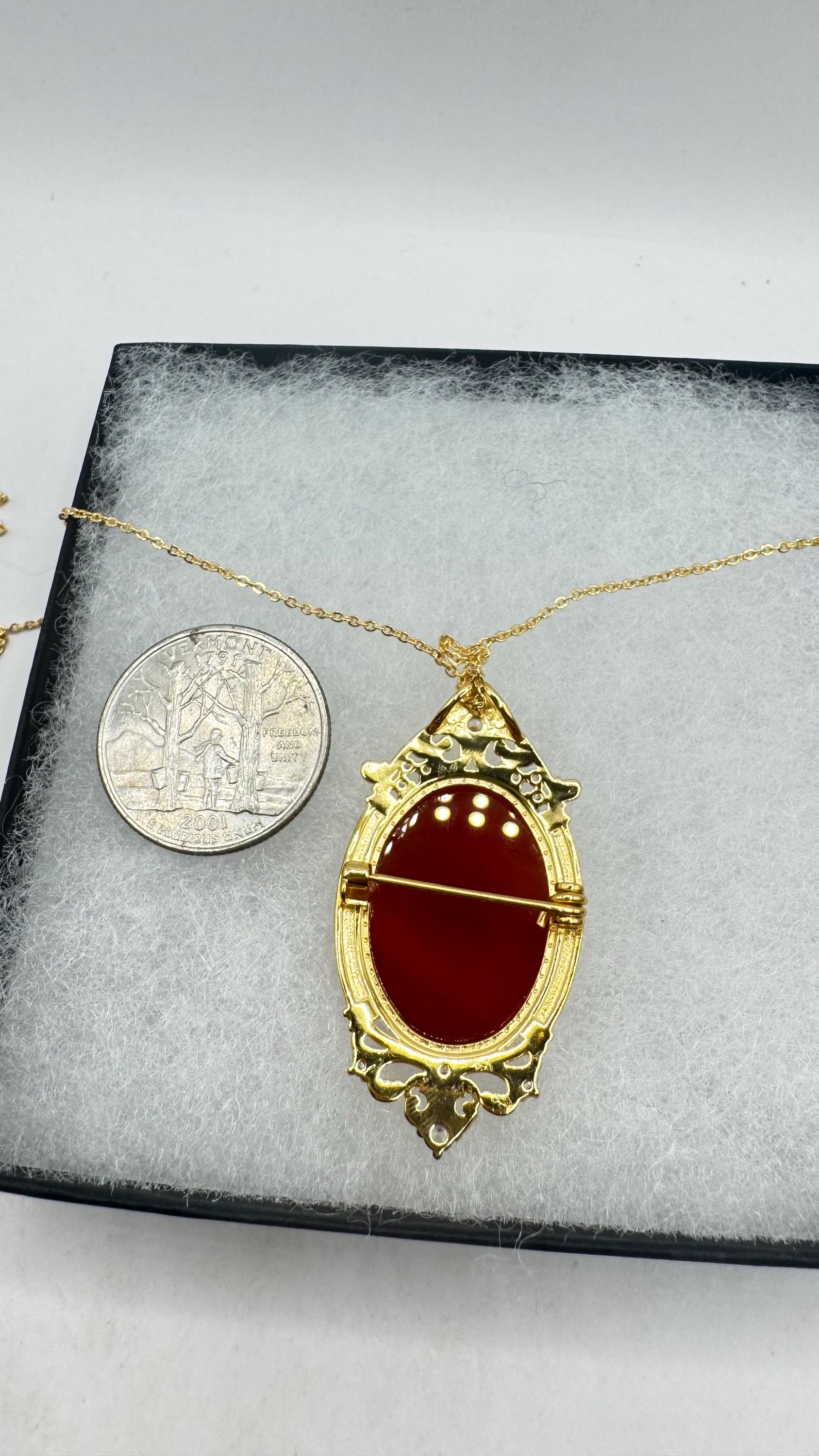 Vintage Carved Cameo Yellow Gold 925 Sterling Silver Necklace Choker pin brooch