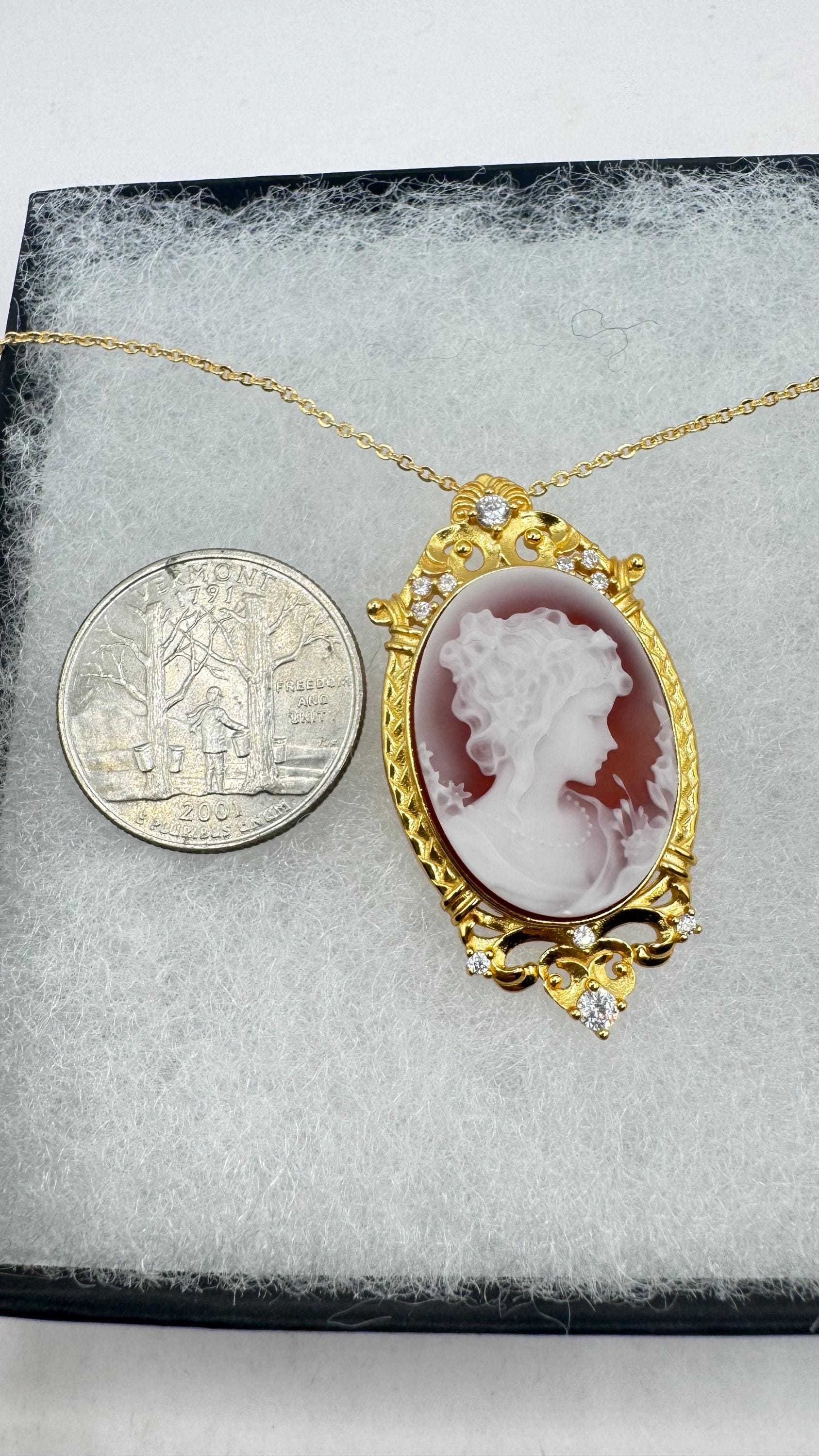 Vintage Carved Cameo Yellow Gold 925 Sterling Silver Necklace Choker pin brooch