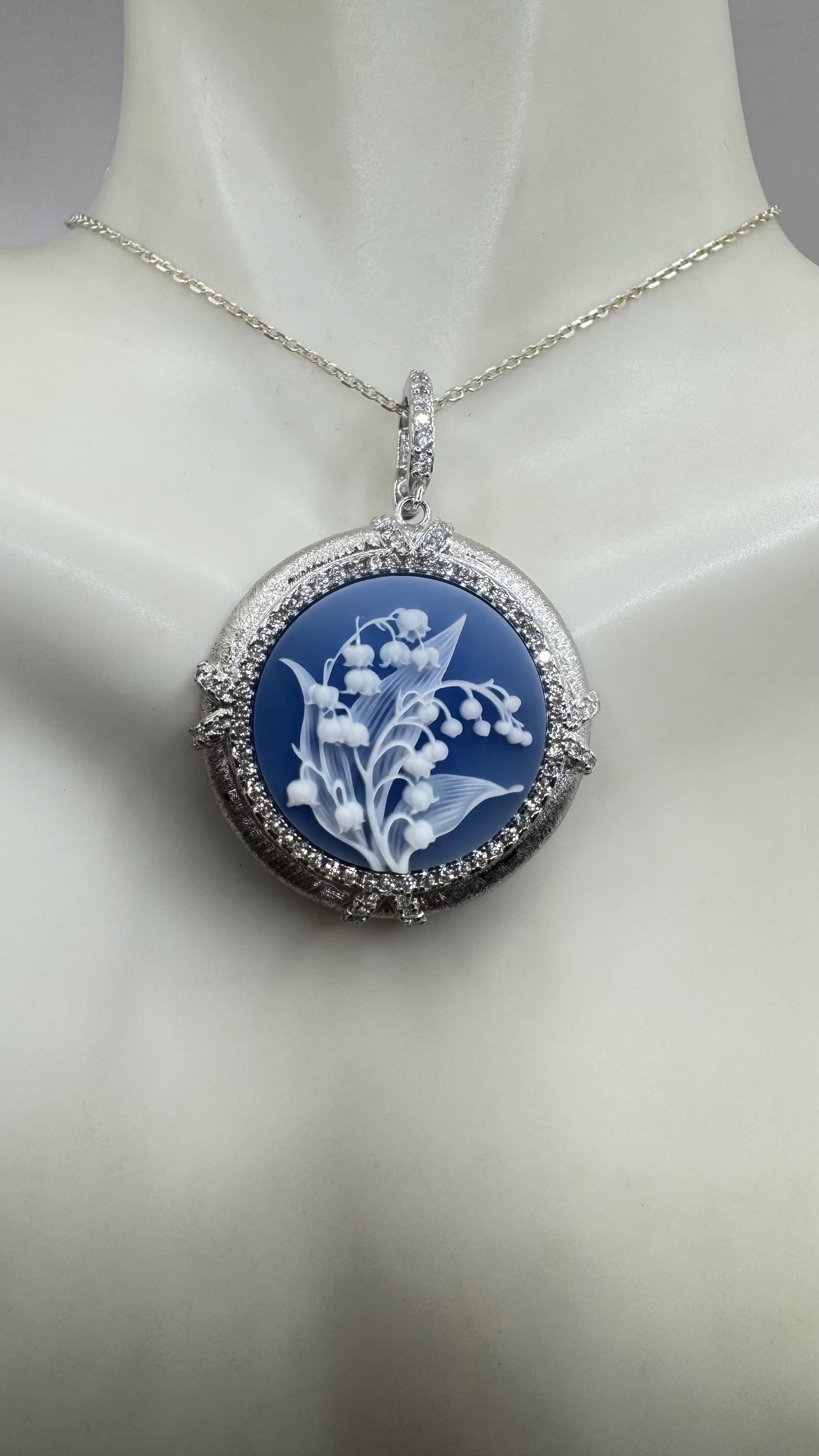 Vintage Lily of the Valley Green Onyx Cameo Choker 925 Sterling Silver Necklace