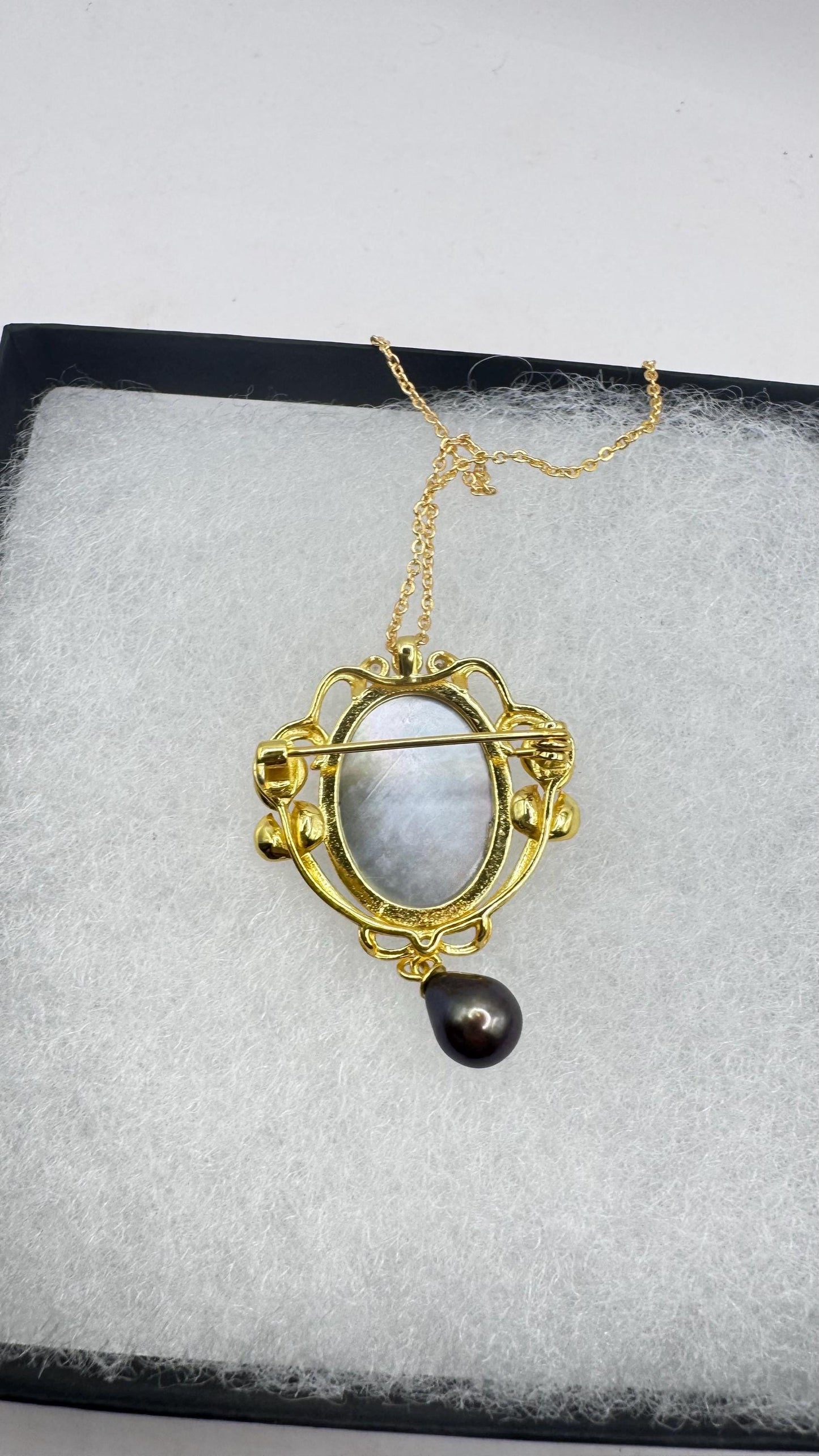 Vintage Abalone Pearl Black Swan Cameo Gold 925 Sterling silver Necklace Pin Choker