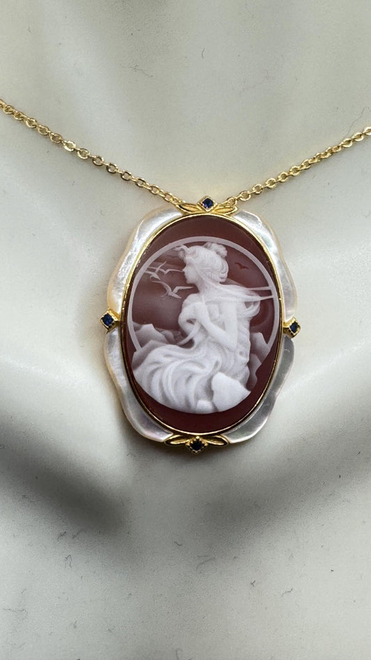 Vintage Mother of Pearl Red Onyx Cameo Gold 925 Sterling silver Necklace Choker Pin