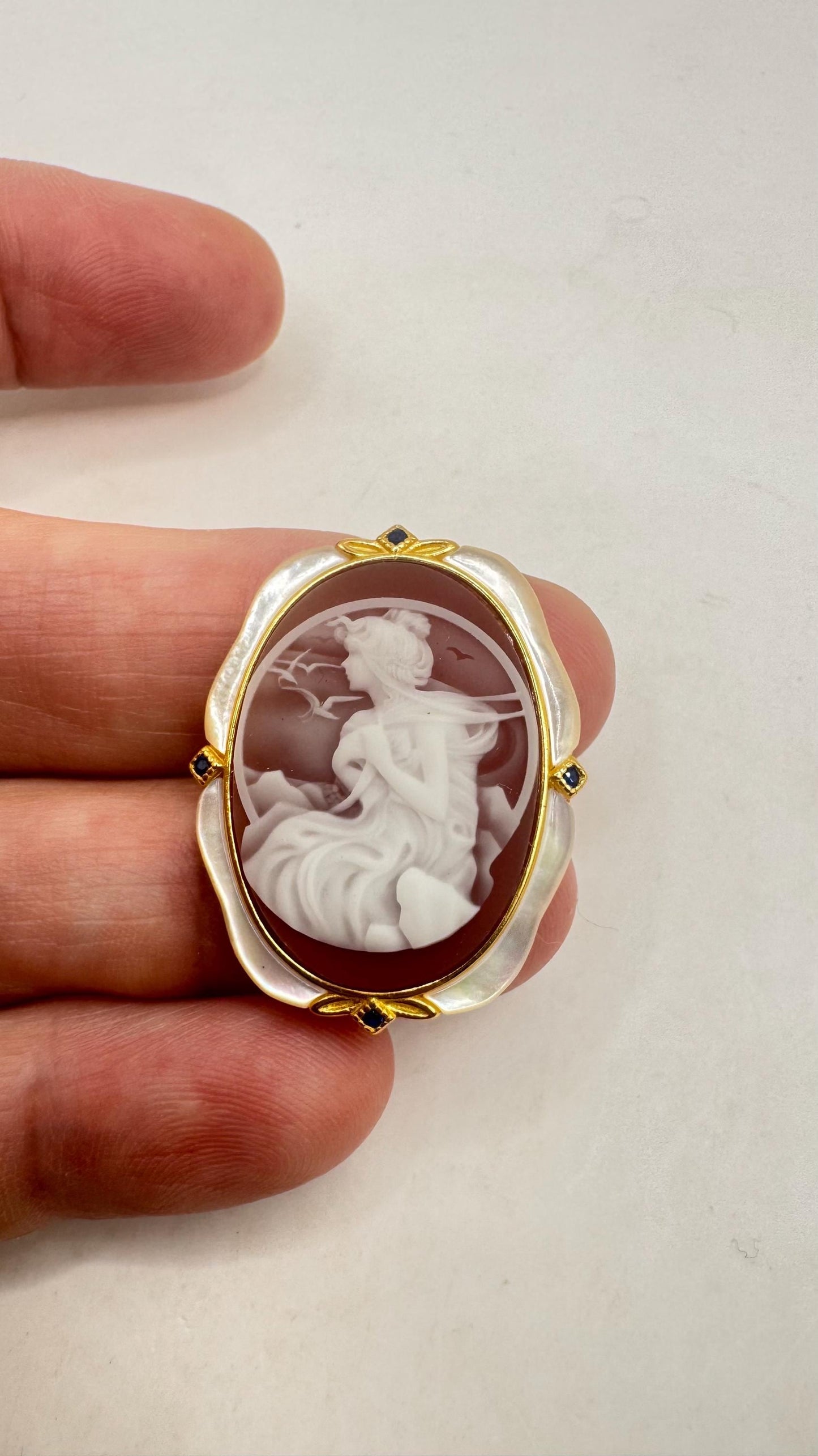 Vintage Mother of Pearl Red Onyx Cameo Gold 925 Sterling silver Necklace Choker Pin