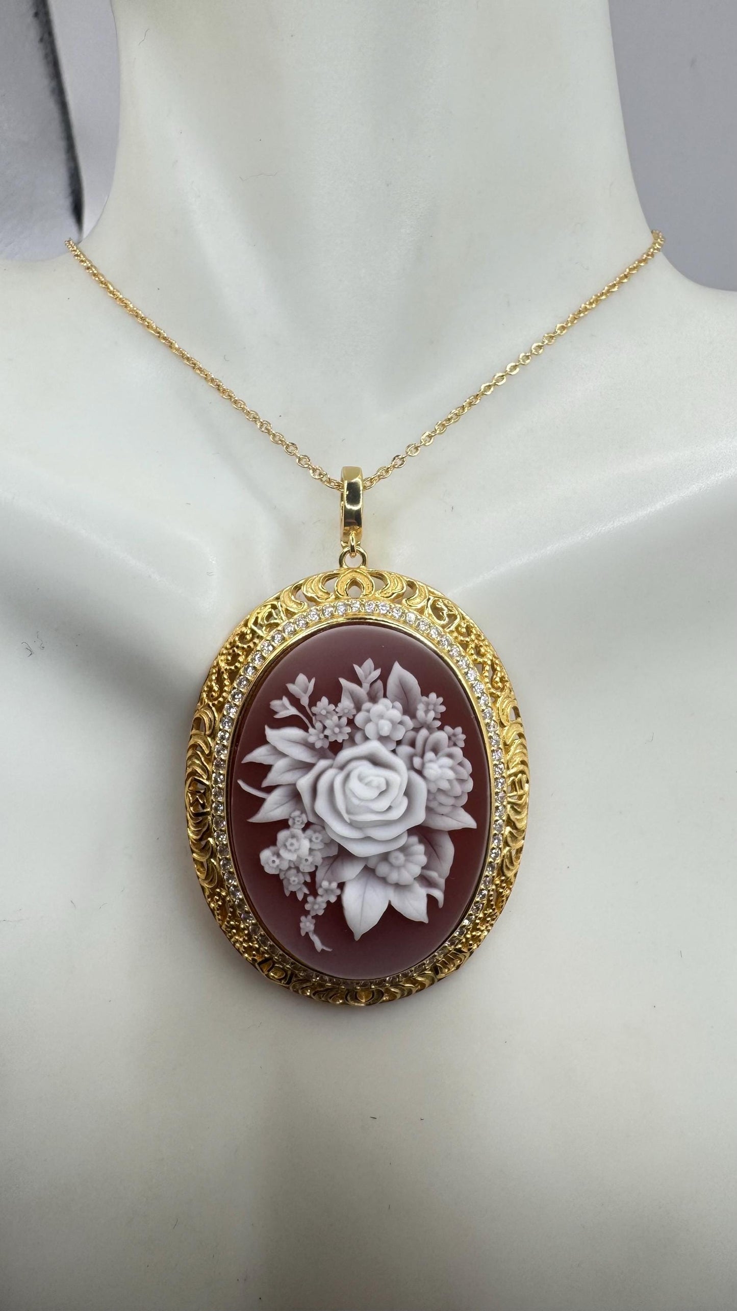 Vintage Carved Rose Flower Cameo Yellow Gold 925 Sterling Silver Necklace Choker