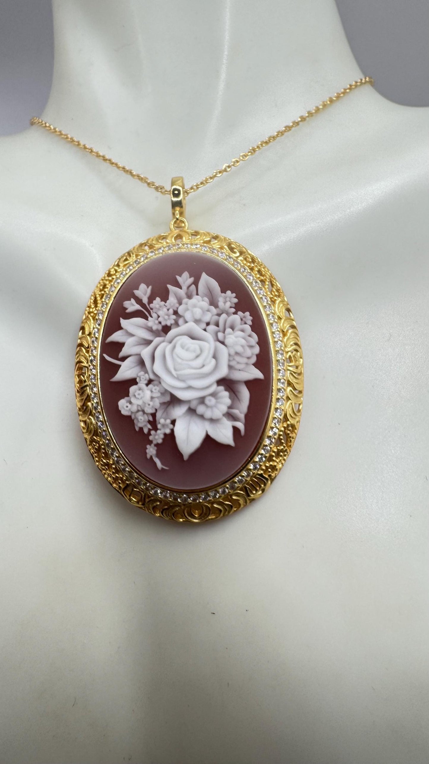 Vintage Carved Rose Flower Cameo Yellow Gold 925 Sterling Silver Necklace Choker