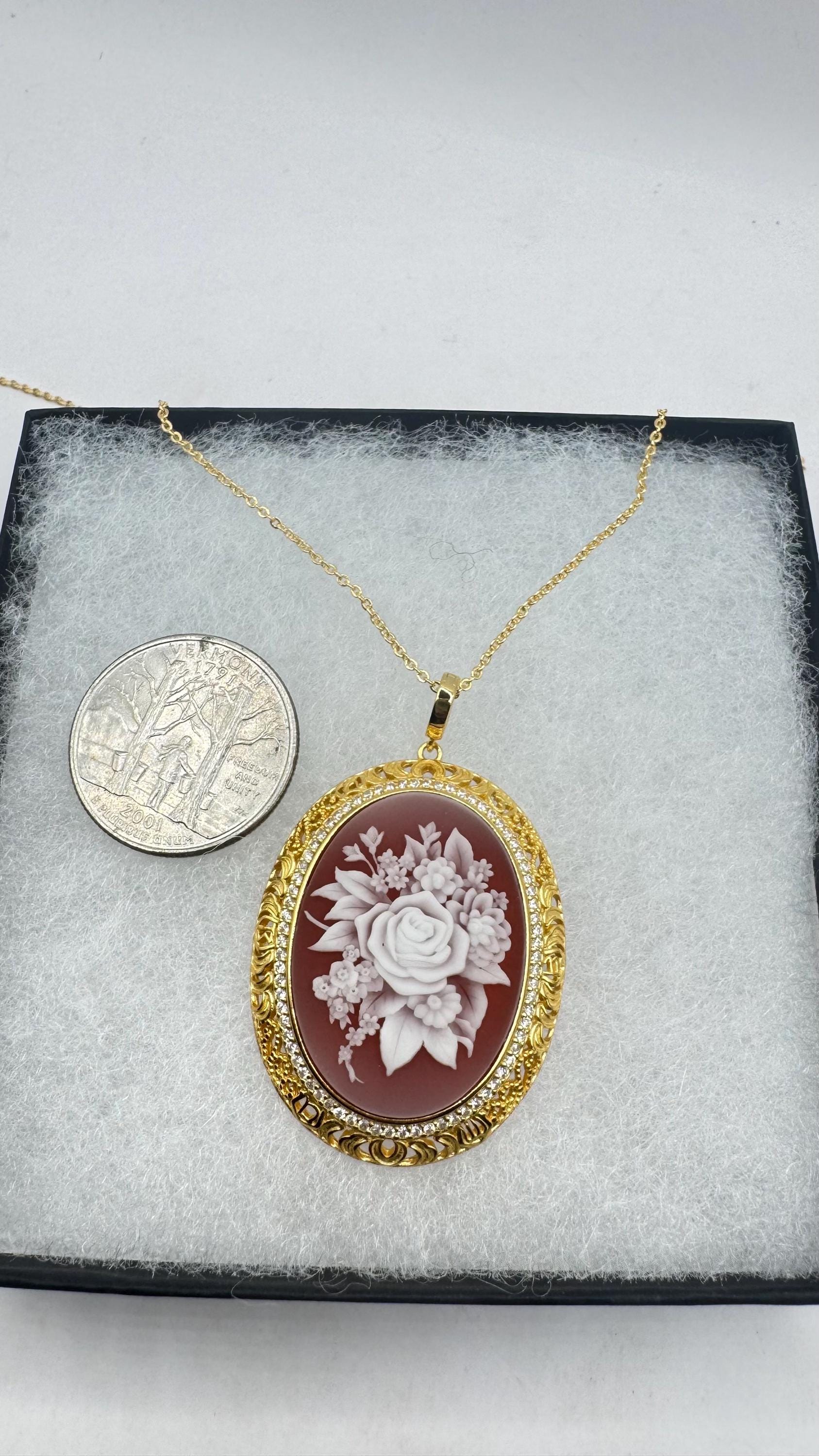 Vintage Carved Rose Flower Cameo Yellow Gold 925 Sterling Silver Necklace Choker