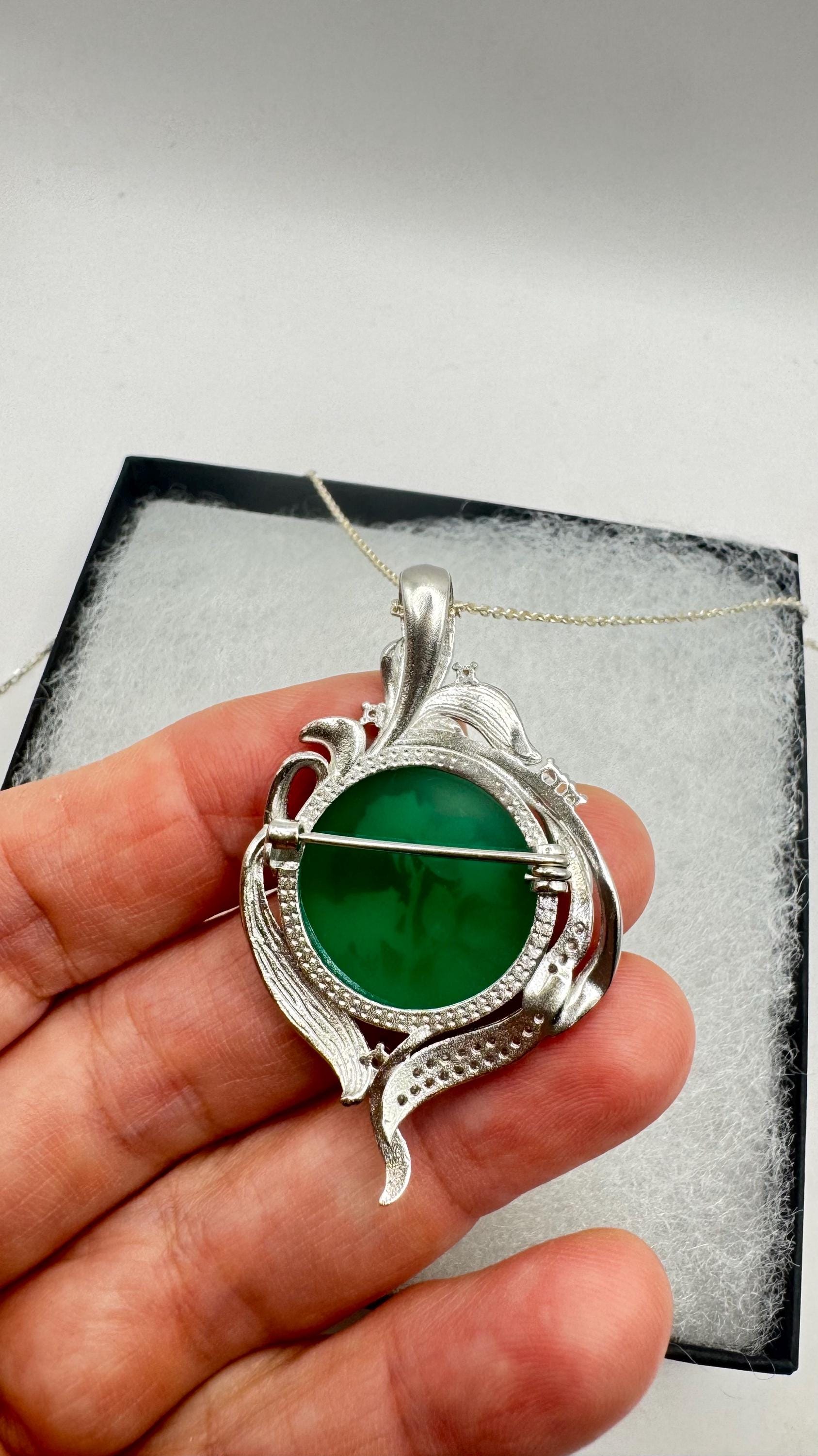 Vintage Carved Green Onyx Rose Flower Cameo Yellow Gold 925 Sterling Silver Necklace Choker