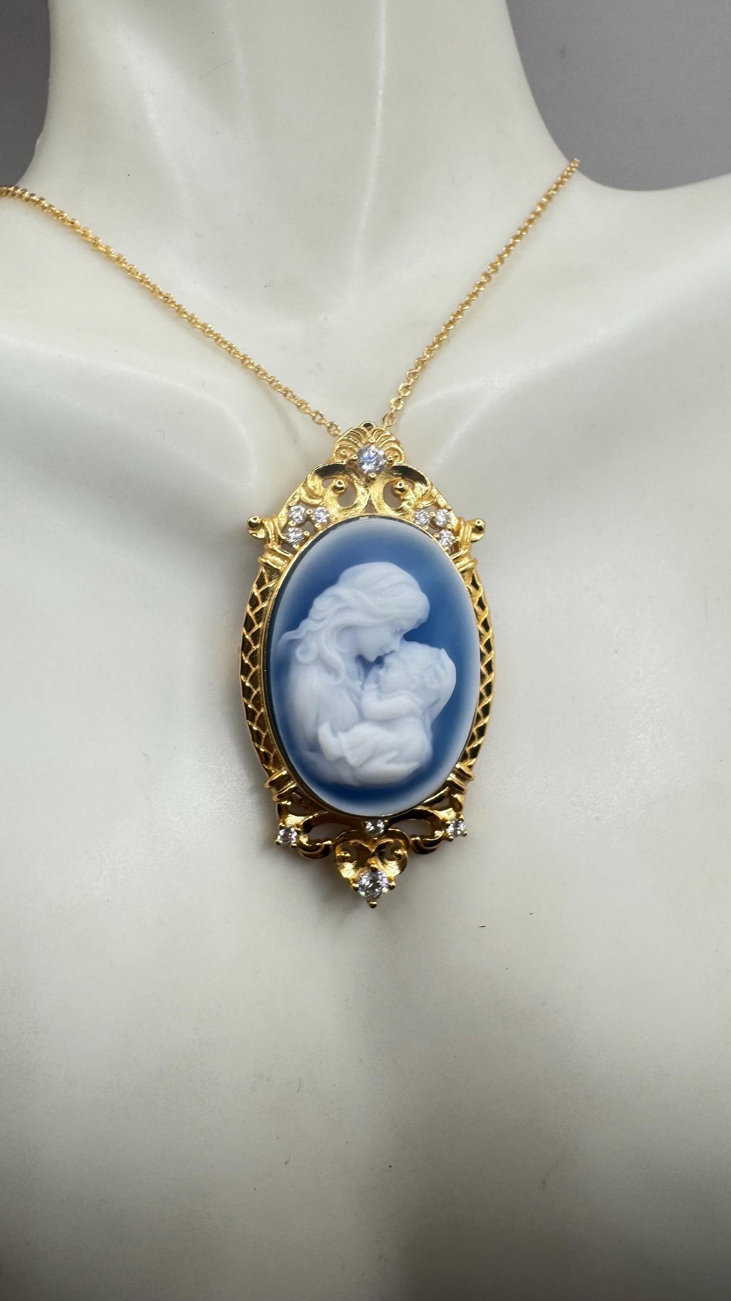 Vintage mother and child blue Onyx Cameo Choker gold 925 Sterling Silver Necklace