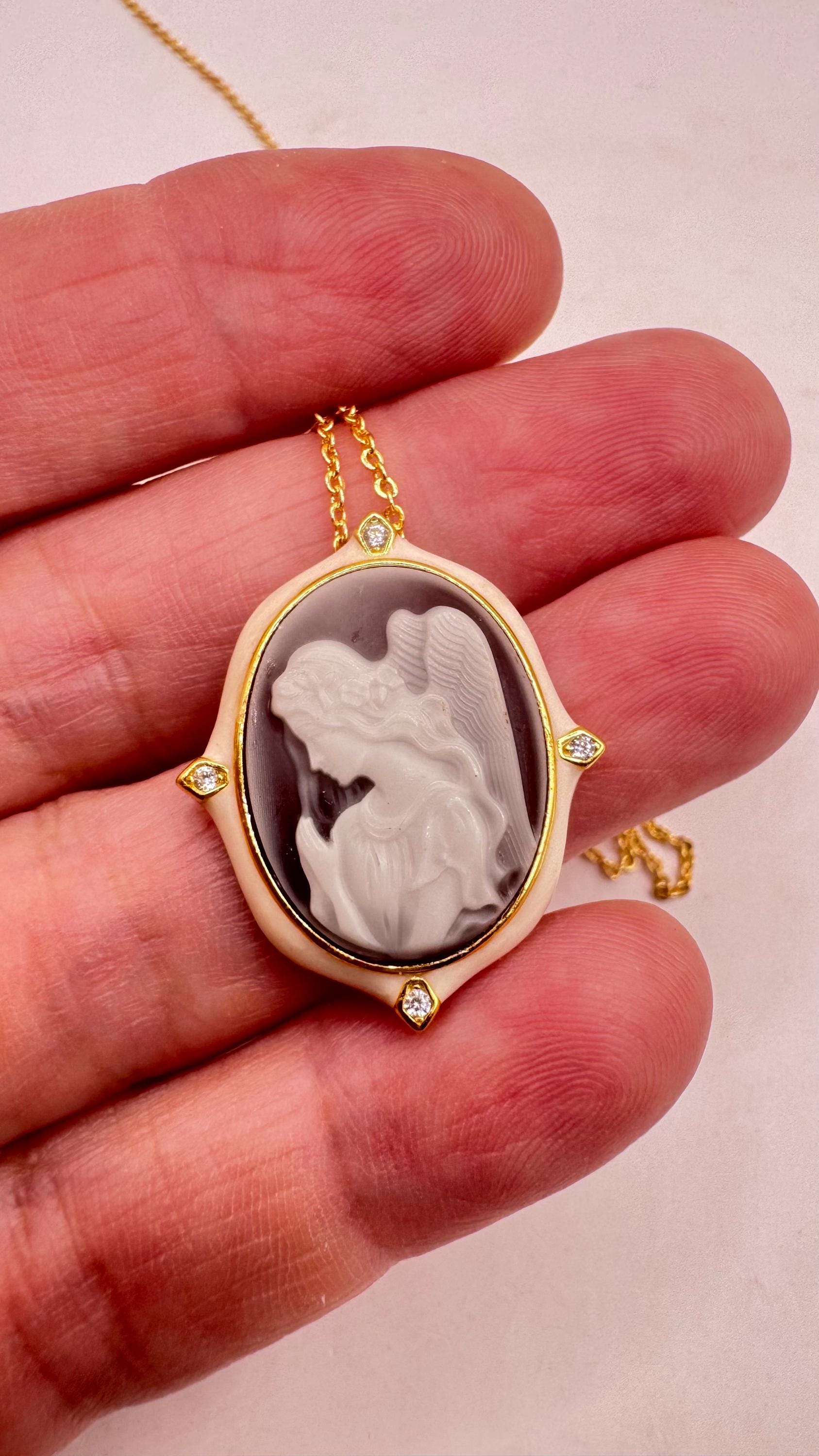 Vintage Carved Angel Onyx Cameo Gold 925 Sterling silver Necklace Choker