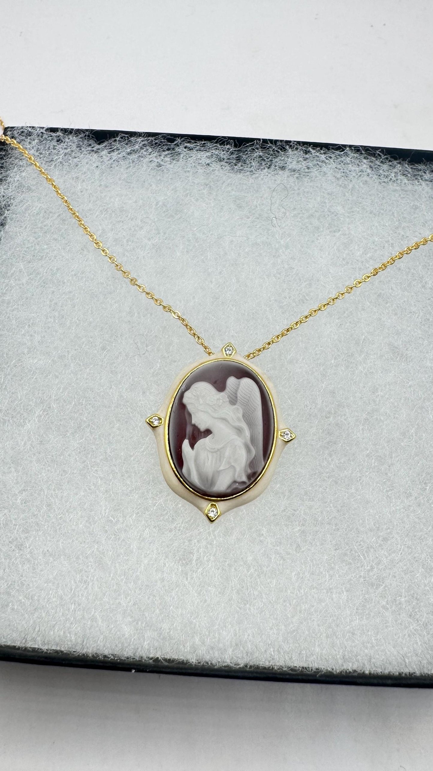 Vintage Carved Angel Onyx Cameo Gold 925 Sterling silver Necklace Choker