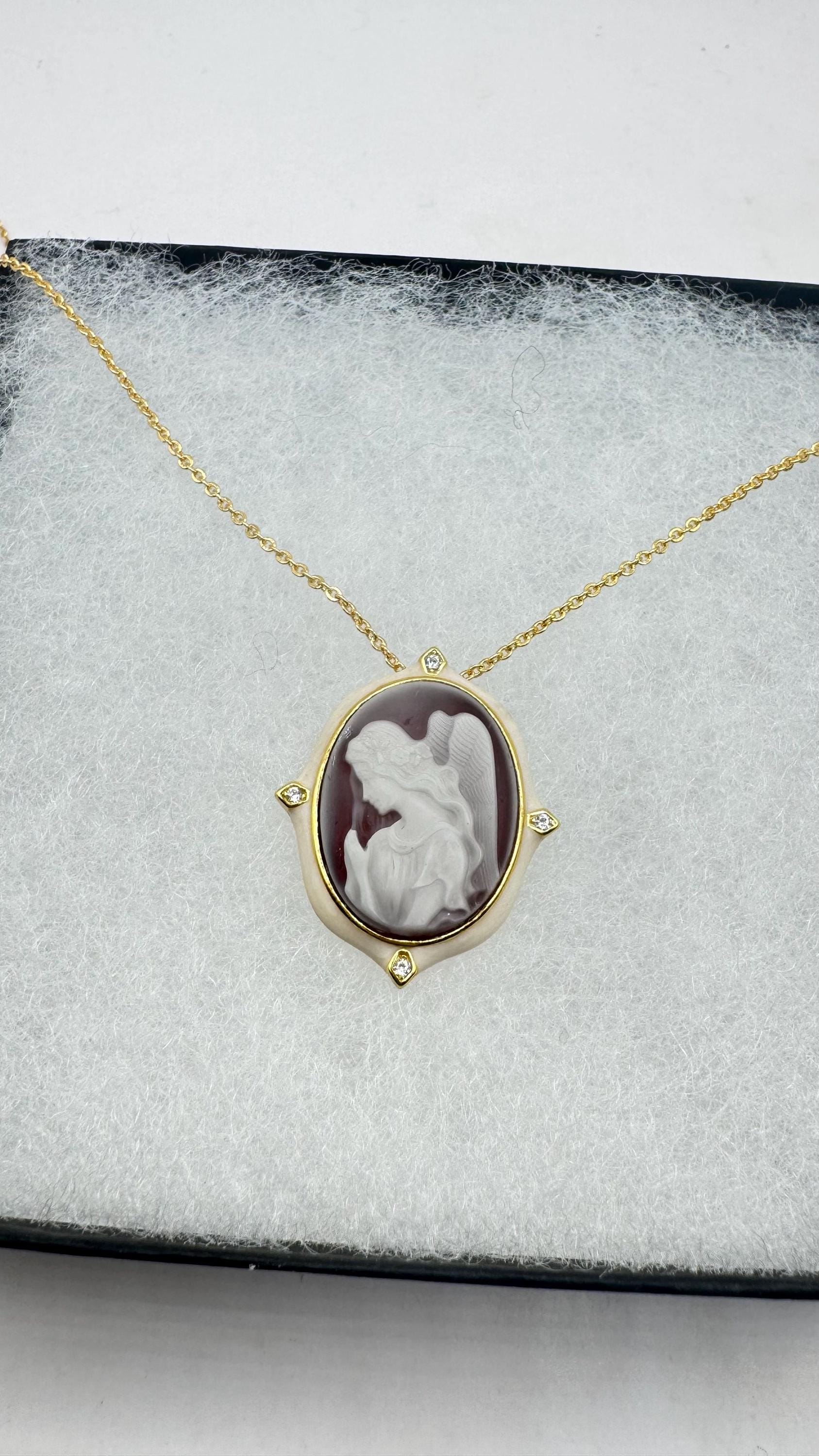 Vintage Carved Angel Onyx Cameo Gold 925 Sterling silver Necklace Choker