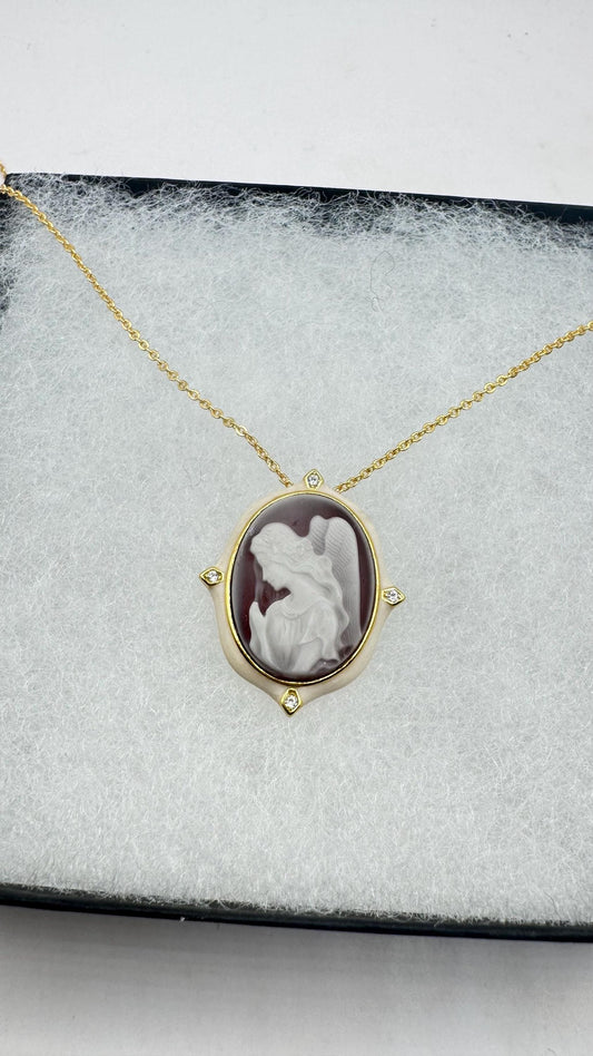 Vintage Carved Angel Onyx Cameo Gold 925 Sterling silver Necklace Choker