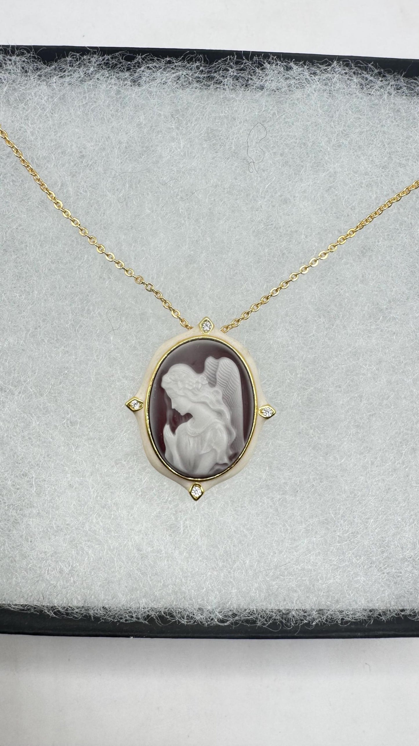 Vintage Carved Angel Onyx Cameo Gold 925 Sterling silver Necklace Choker