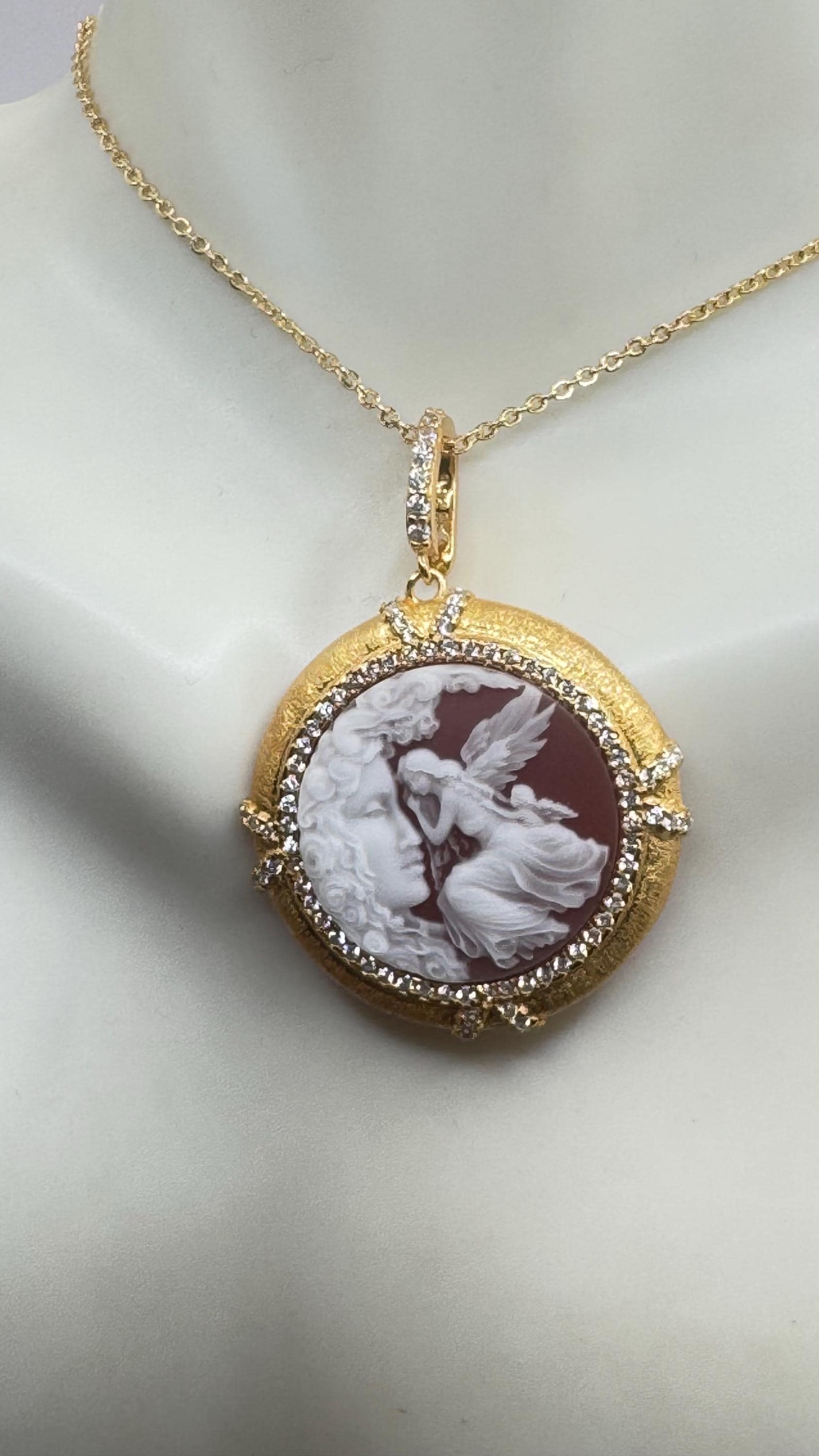 Vintage Carved Angel Onyx Cameo Gold 925 Sterling silver Necklace Choker