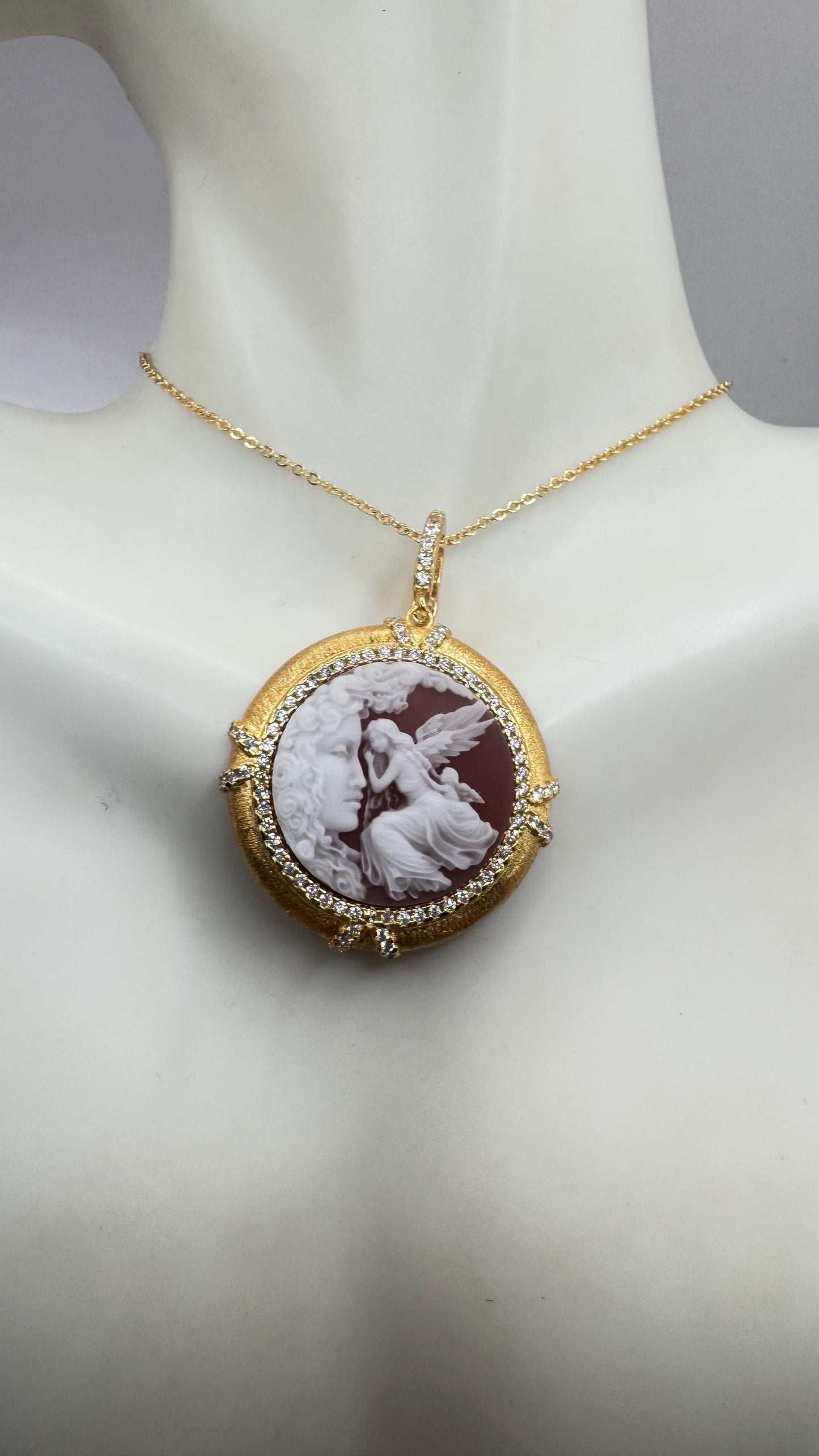 Vintage Carved Angel Onyx Cameo Gold 925 Sterling silver Necklace Choker