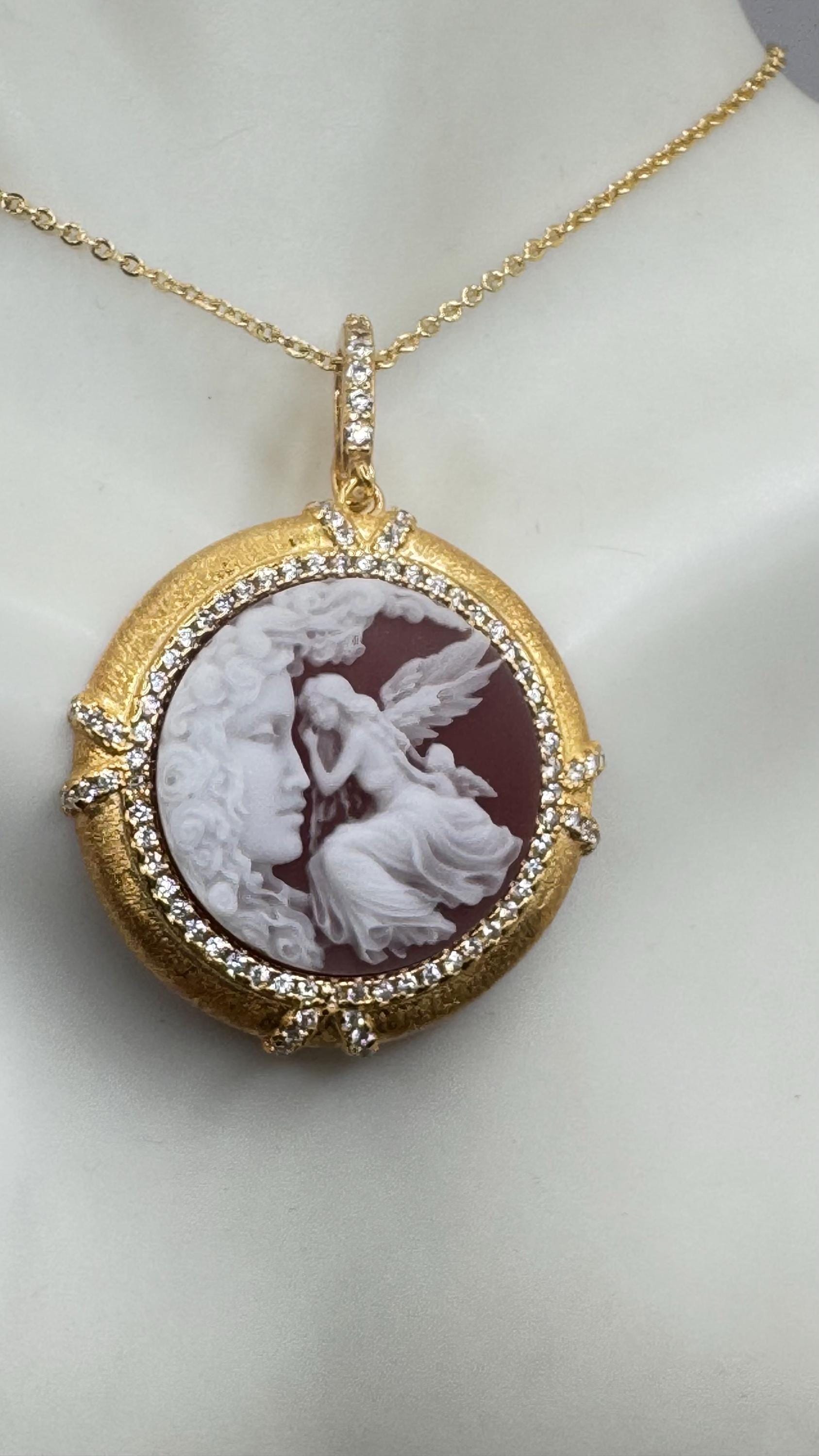 Vintage Carved Angel Onyx Cameo Gold 925 Sterling silver Necklace Choker