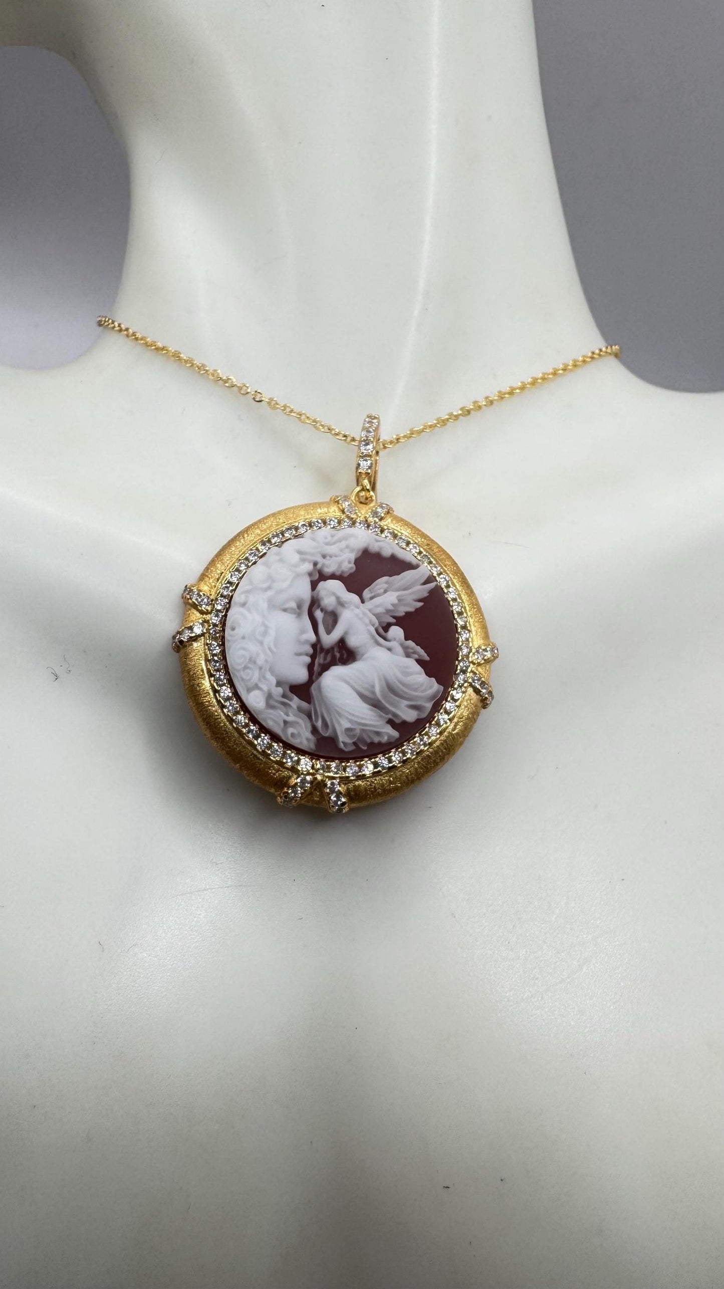 Vintage Carved Angel Onyx Cameo Gold 925 Sterling silver Necklace Choker