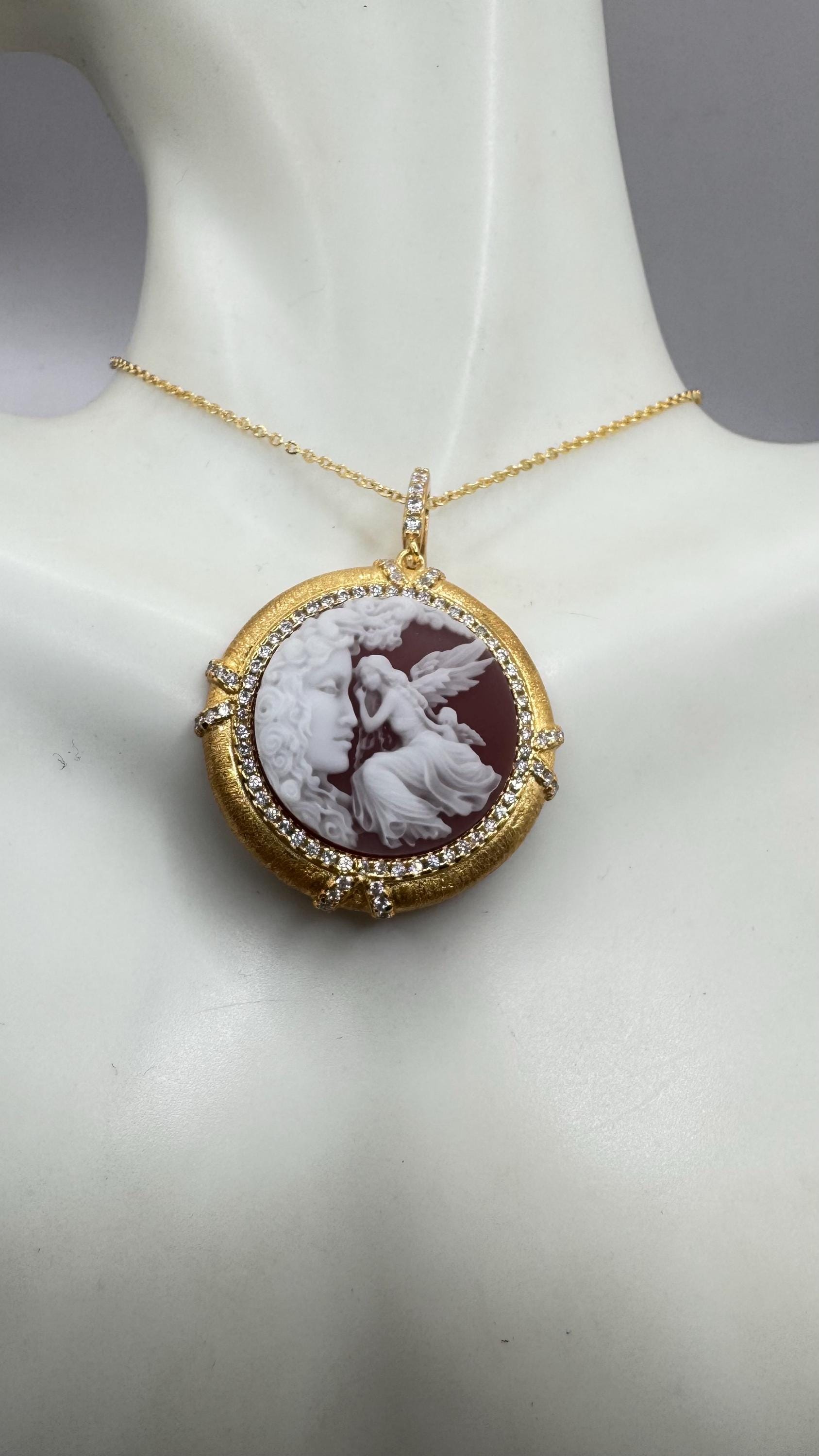 Vintage Carved Angel Onyx Cameo Gold 925 Sterling silver Necklace Choker