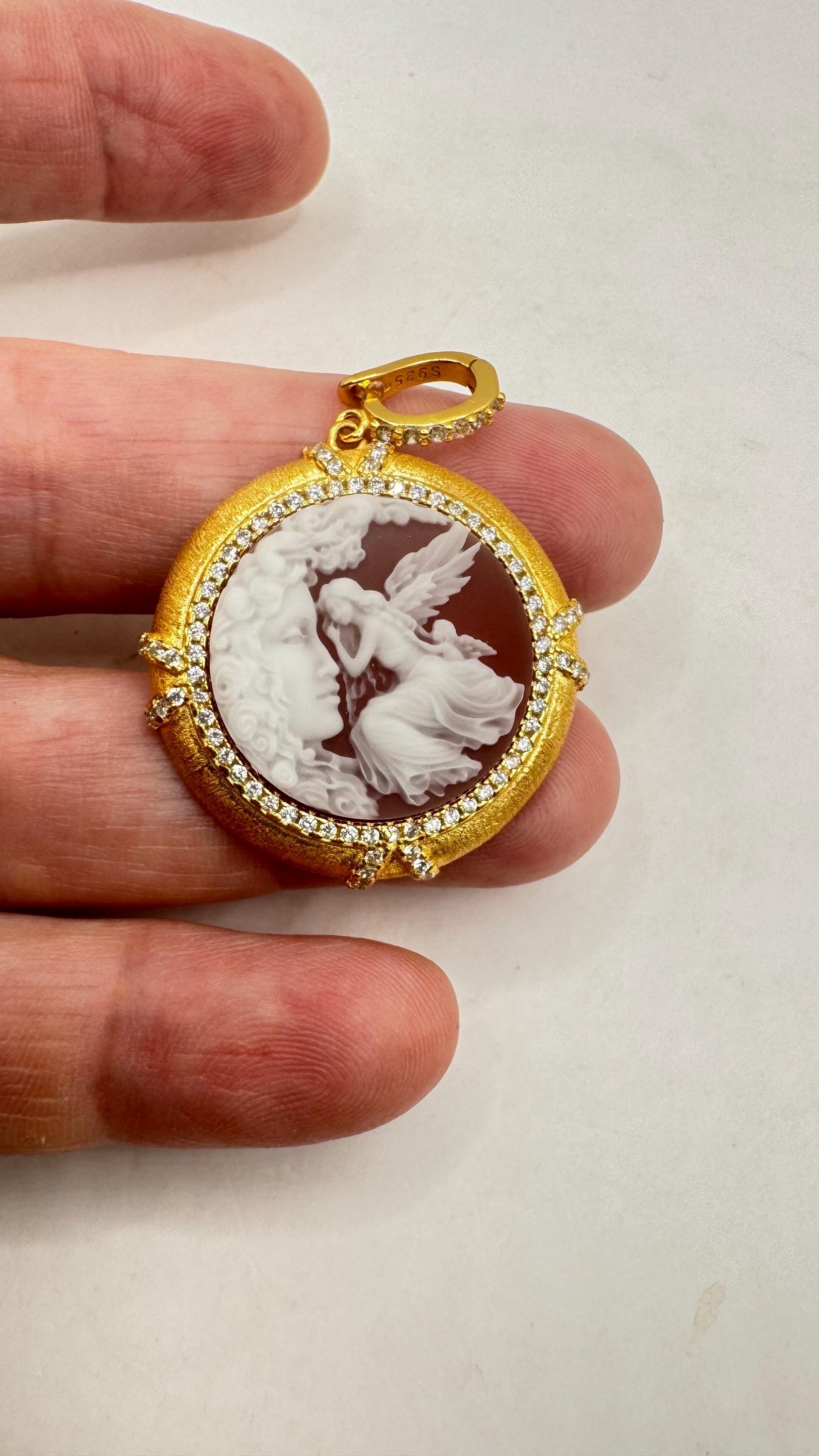 Vintage Carved Angel Onyx Cameo Gold 925 Sterling silver Necklace Choker