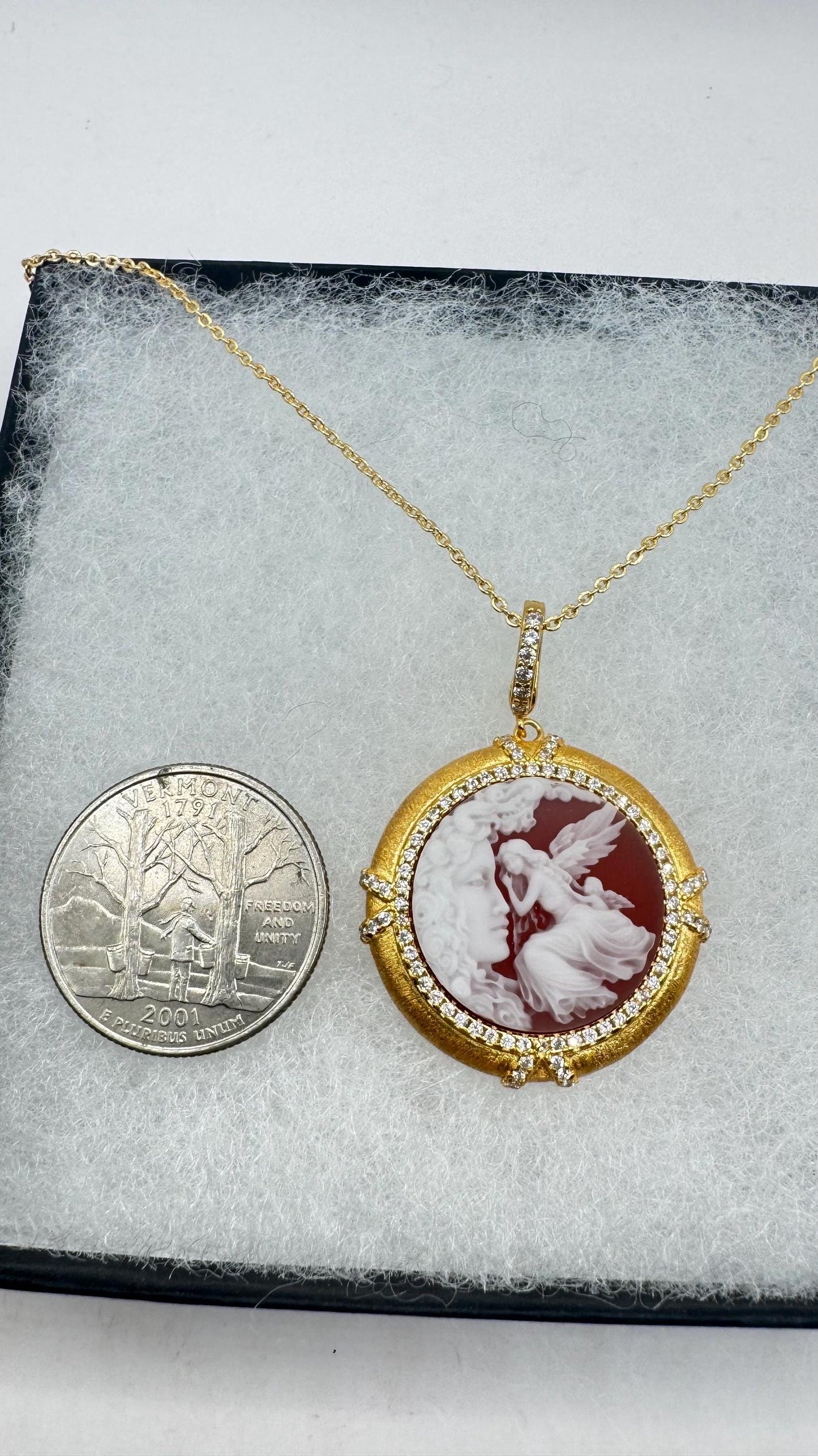 Vintage Carved Angel Onyx Cameo Gold 925 Sterling silver Necklace Choker