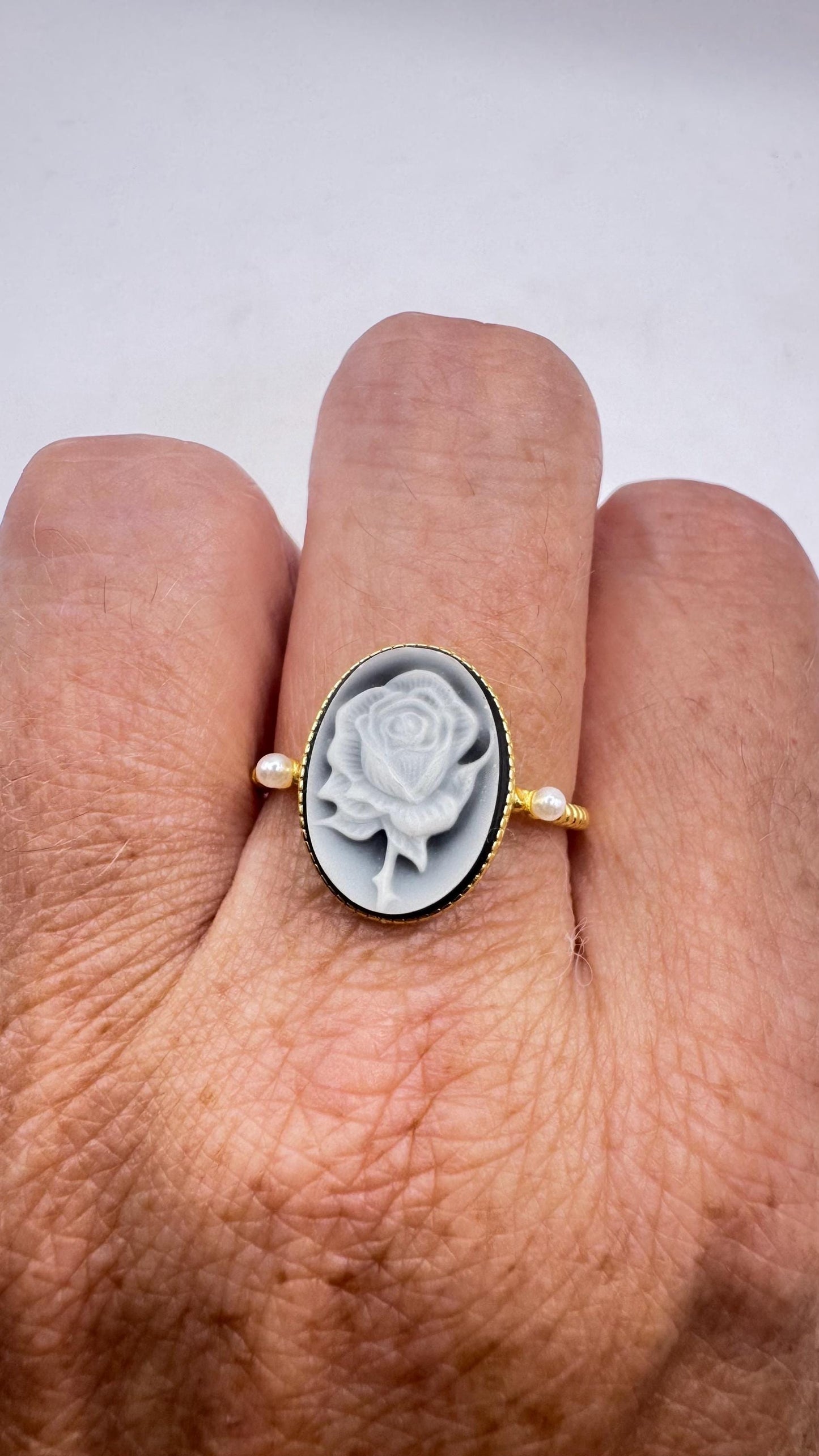 Vintage Black Onyx Rose Cameo Gold 925 Sterling Silver Cocktail Ring