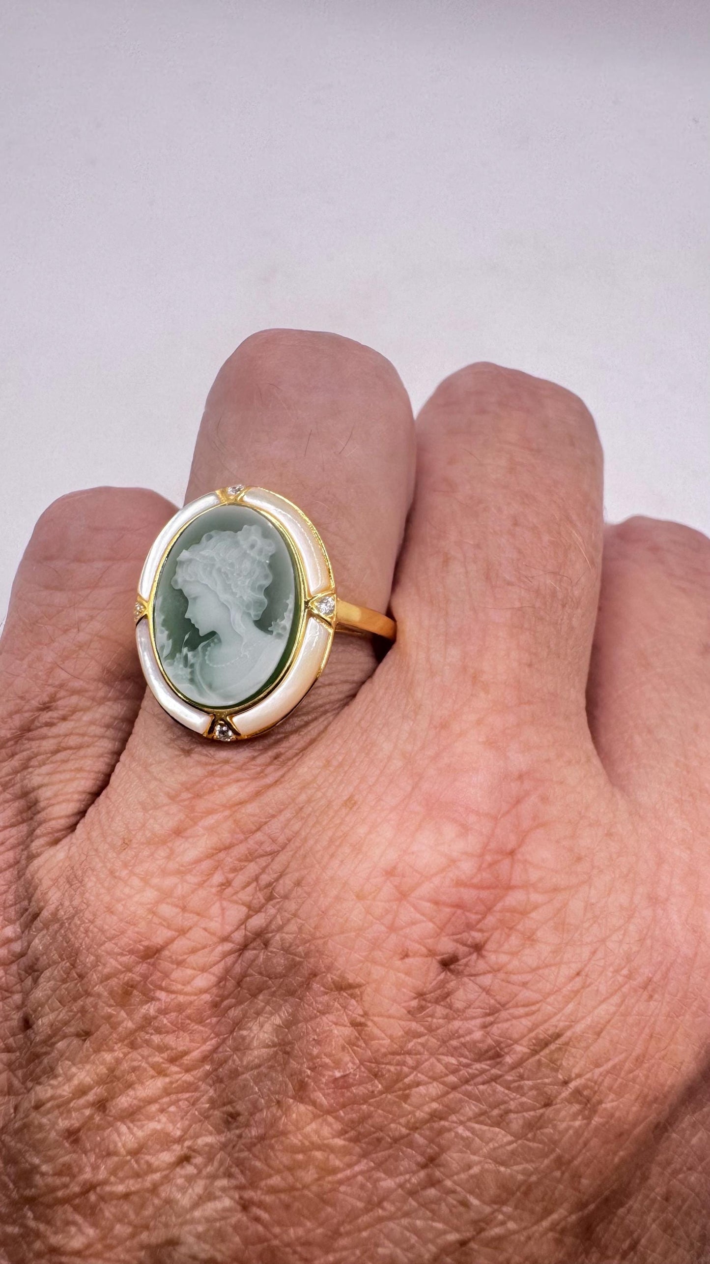 Vintage Green Onyx Cameo Gold 925 Sterling Silver Cocktail Ring