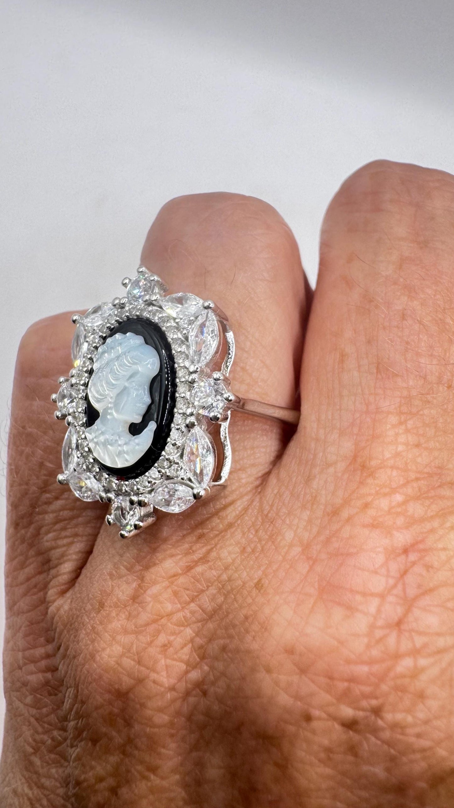 Vintage Black Onyx Rose Cameo Gold 925 Sterling Silver Cocktail Ring