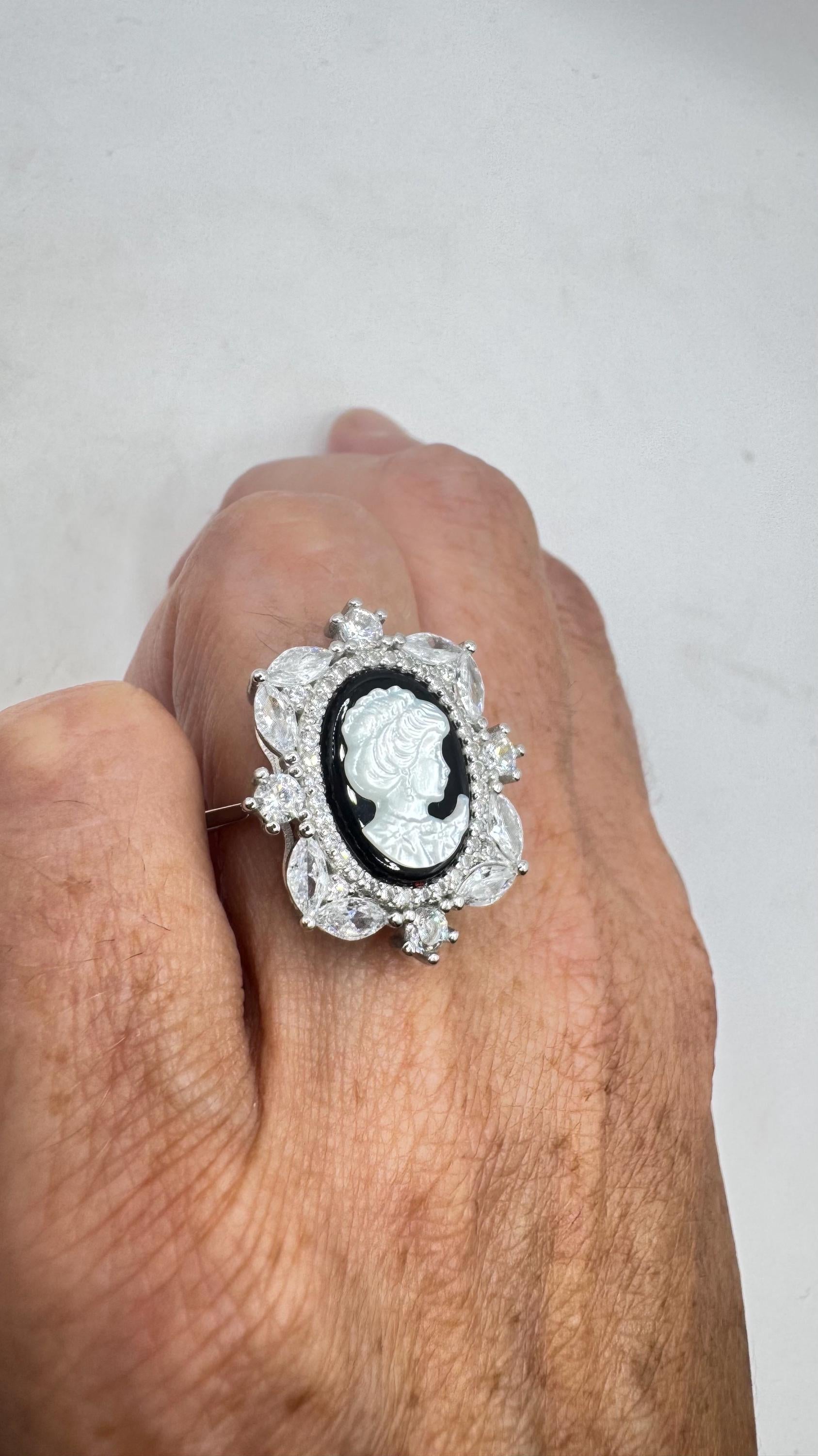 Vintage Black Onyx Rose Cameo Gold 925 Sterling Silver Cocktail Ring