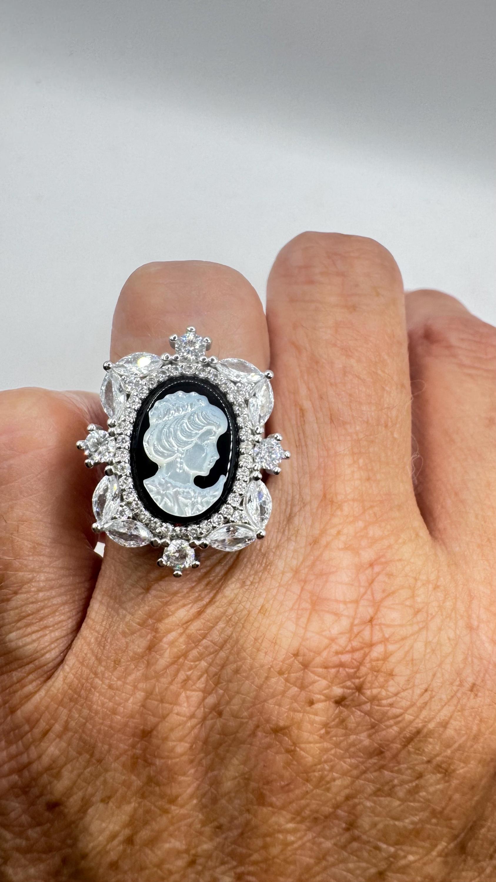 Vintage Black Onyx Rose Cameo Gold 925 Sterling Silver Cocktail Ring