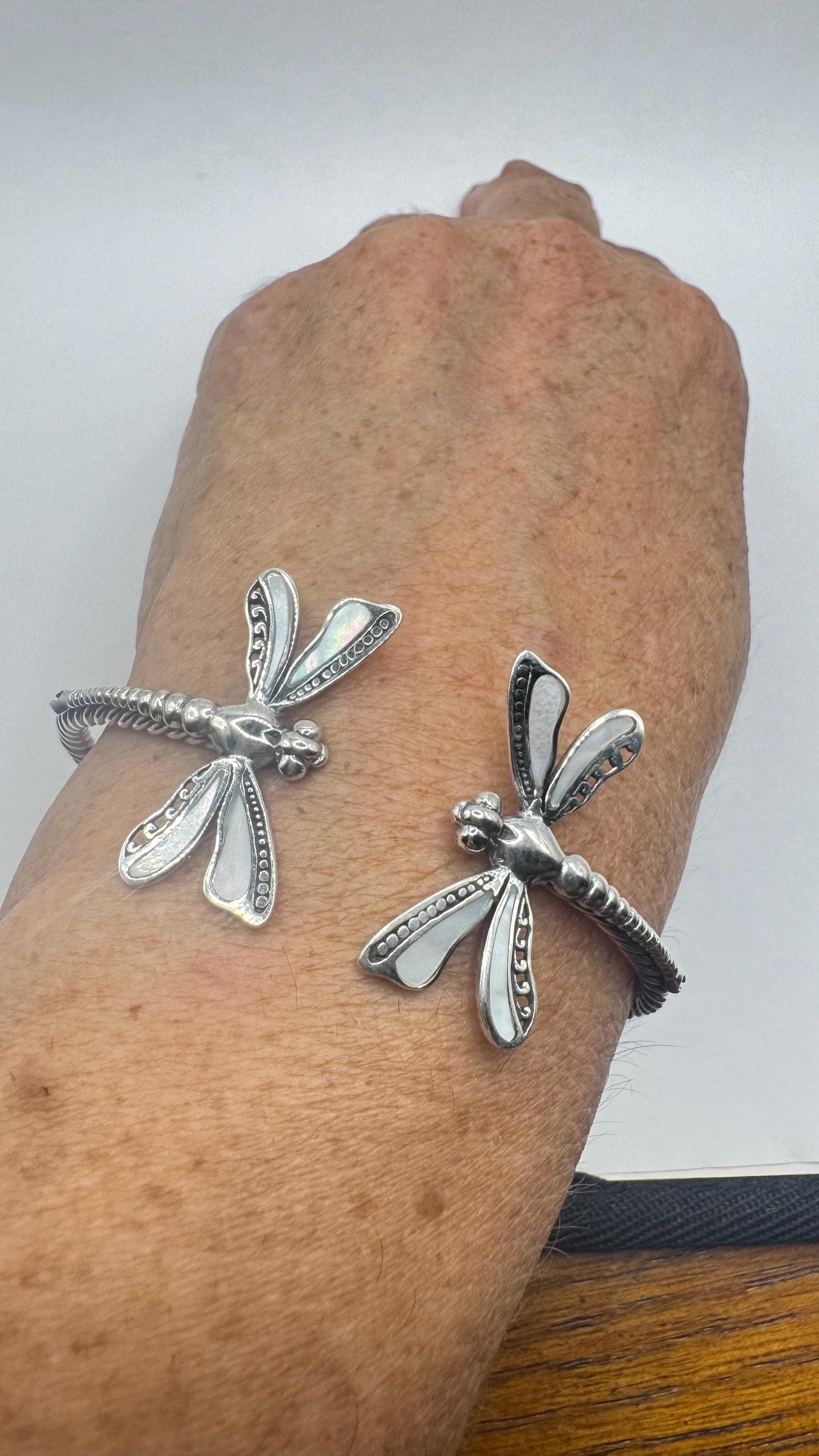 Vintage Dragonfly 925 Sterling Silver Cuff Bangle Bracelet