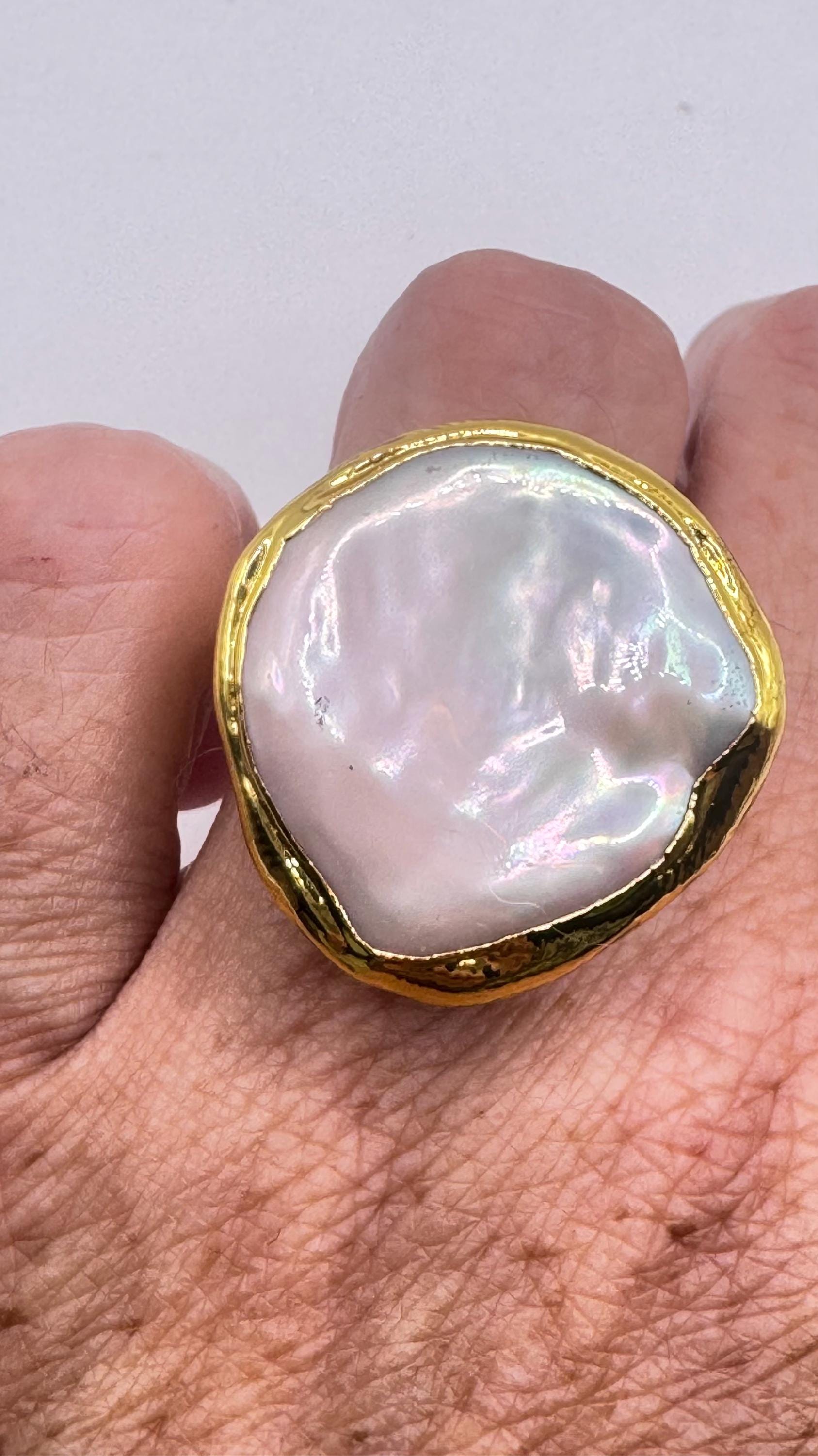 Vintage Biwa Pearl Ring Golden Adjustable